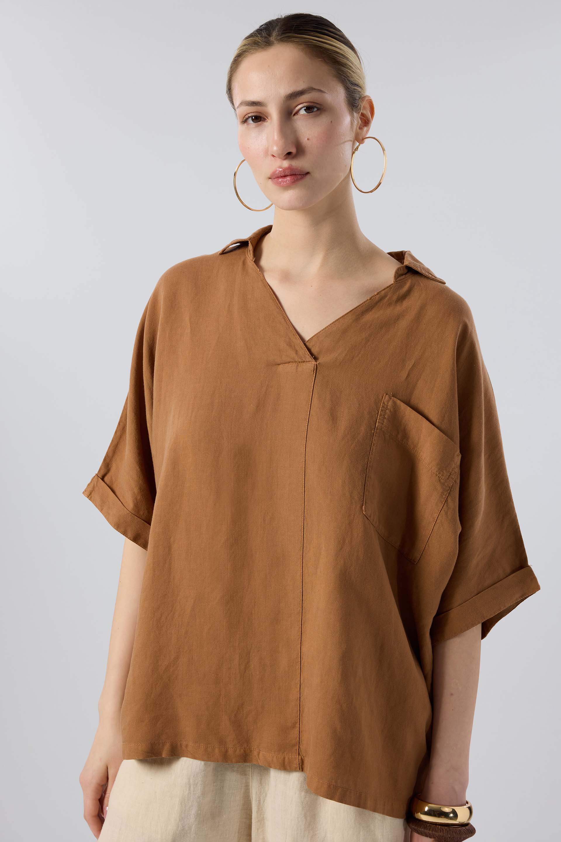 Keten V Yaka Oversize Kadın Gömlek #renk_Kiremit