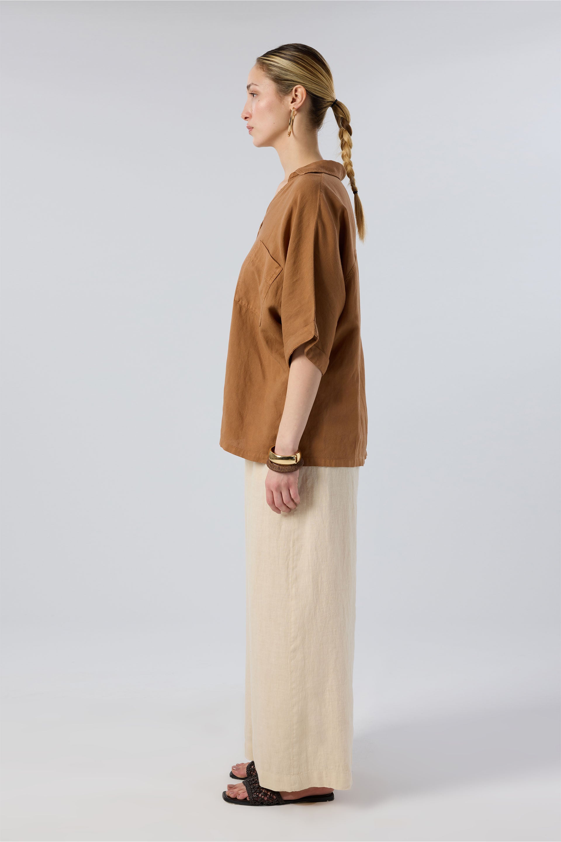 Keten V Yaka Oversize Kadın Gömlek #renk_Kiremit