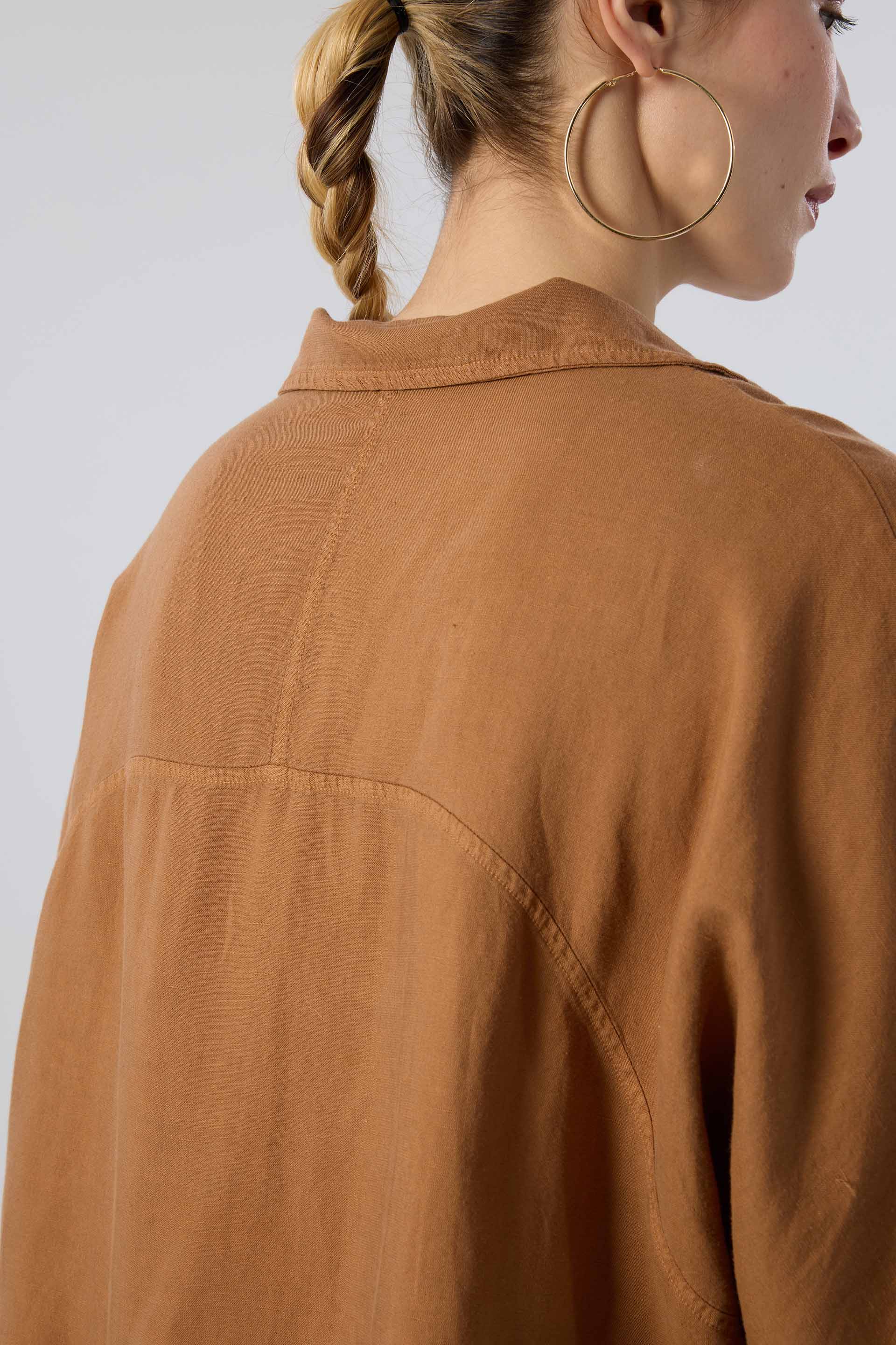 Keten V Yaka Oversize Kadın Gömlek #renk_Kiremit