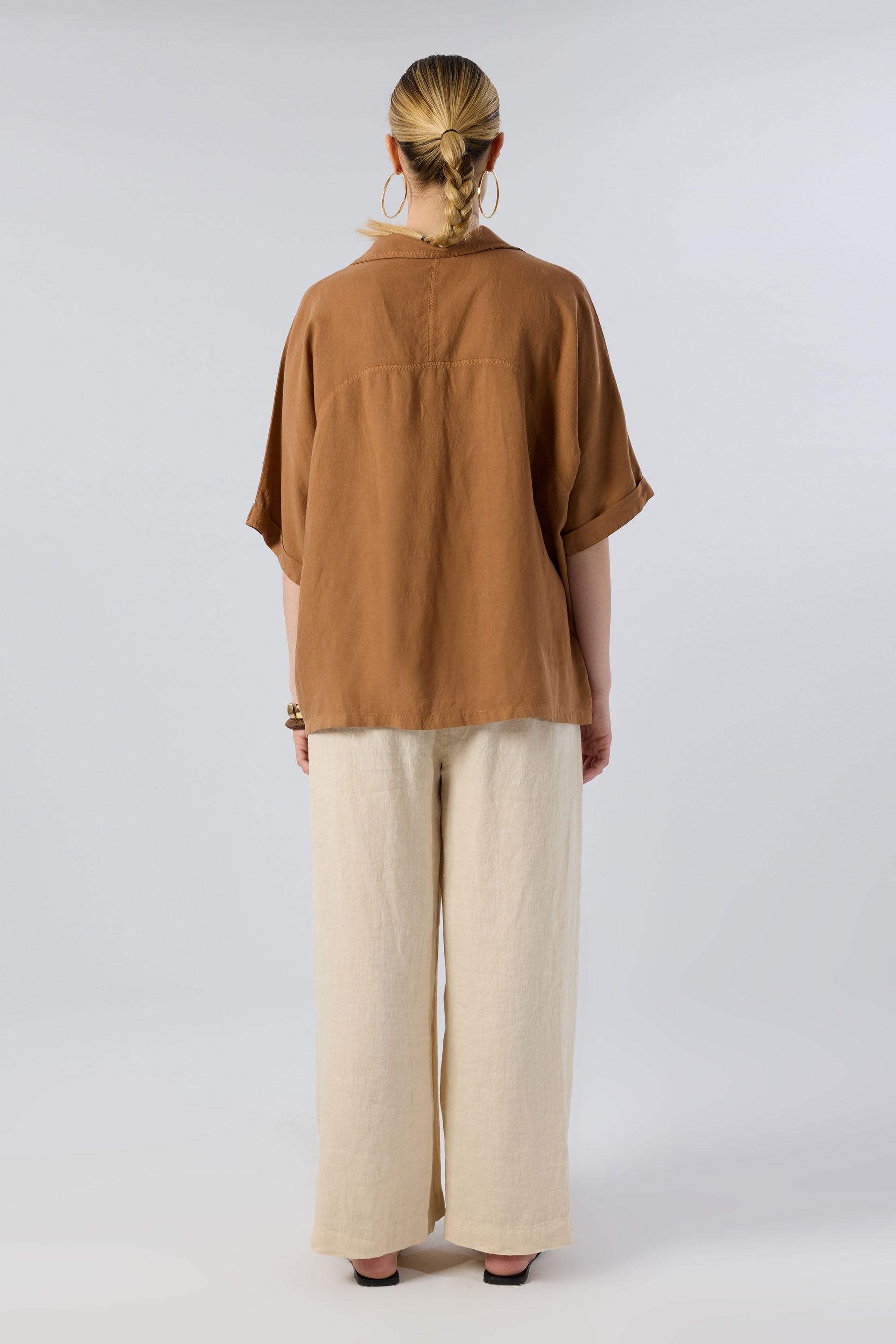 Keten V Yaka Oversize Kadın Gömlek #renk_Kiremit