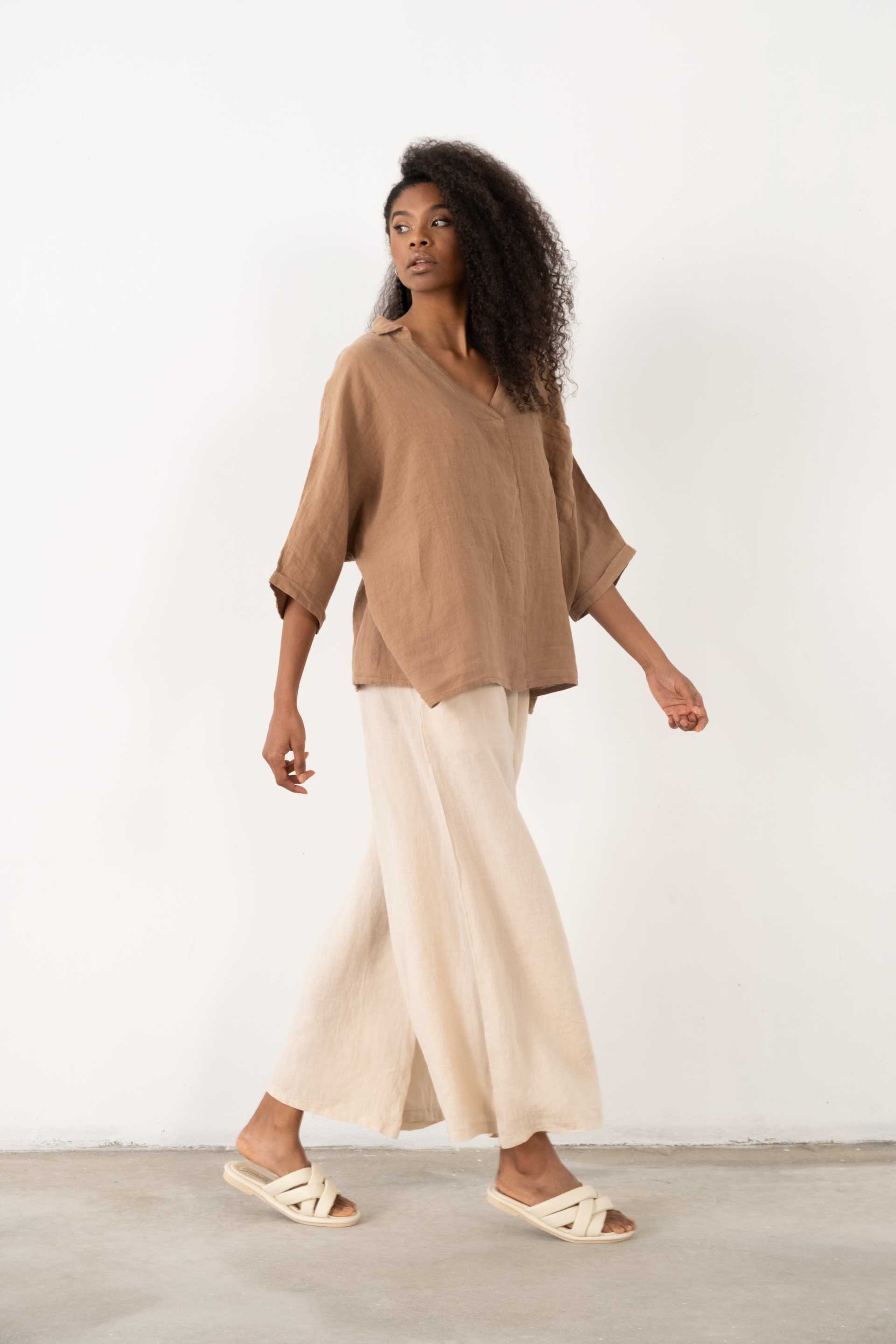 Keten V Yaka Oversize Kadın Gömlek #renk_Kahve