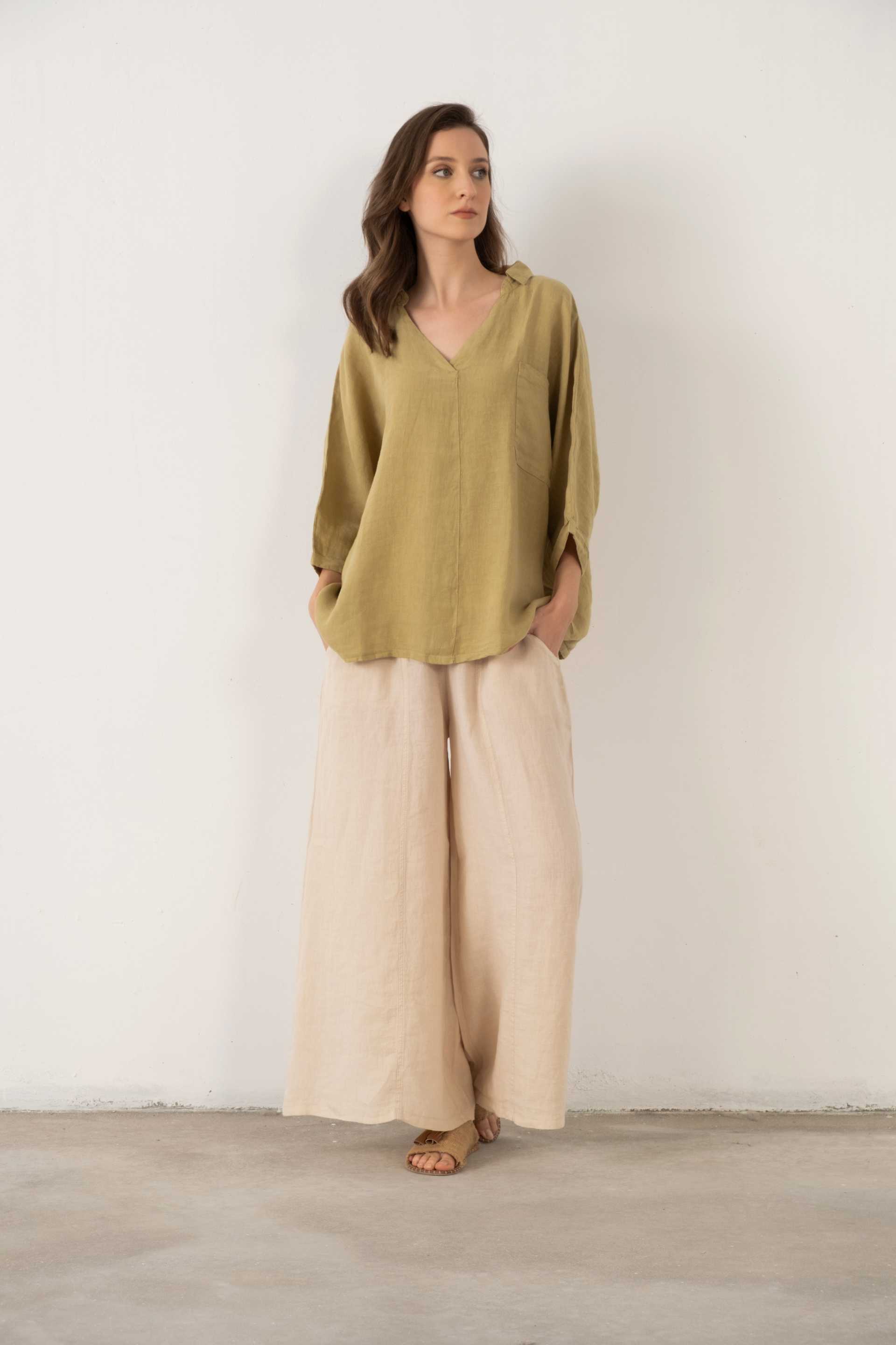 Keten V Yaka Oversize Kadın Gömlek #renk_Mint