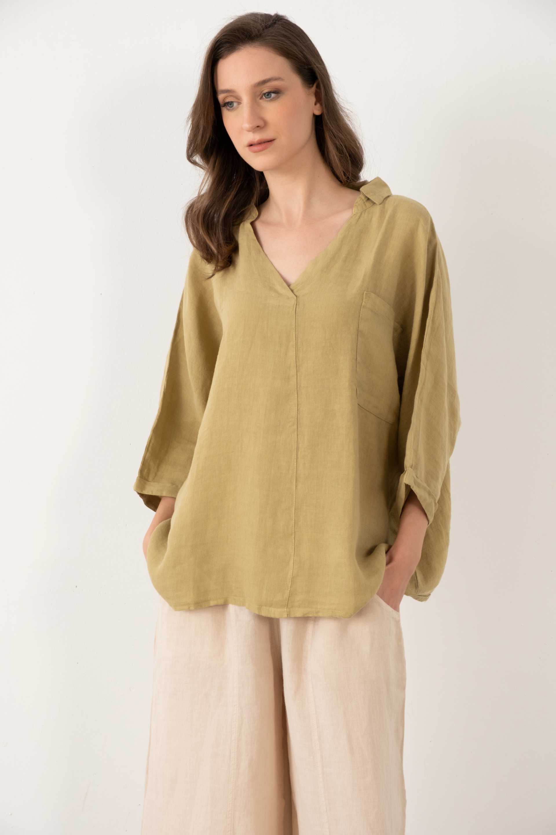 Keten V Yaka Oversize Kadın Gömlek #renk_Mint