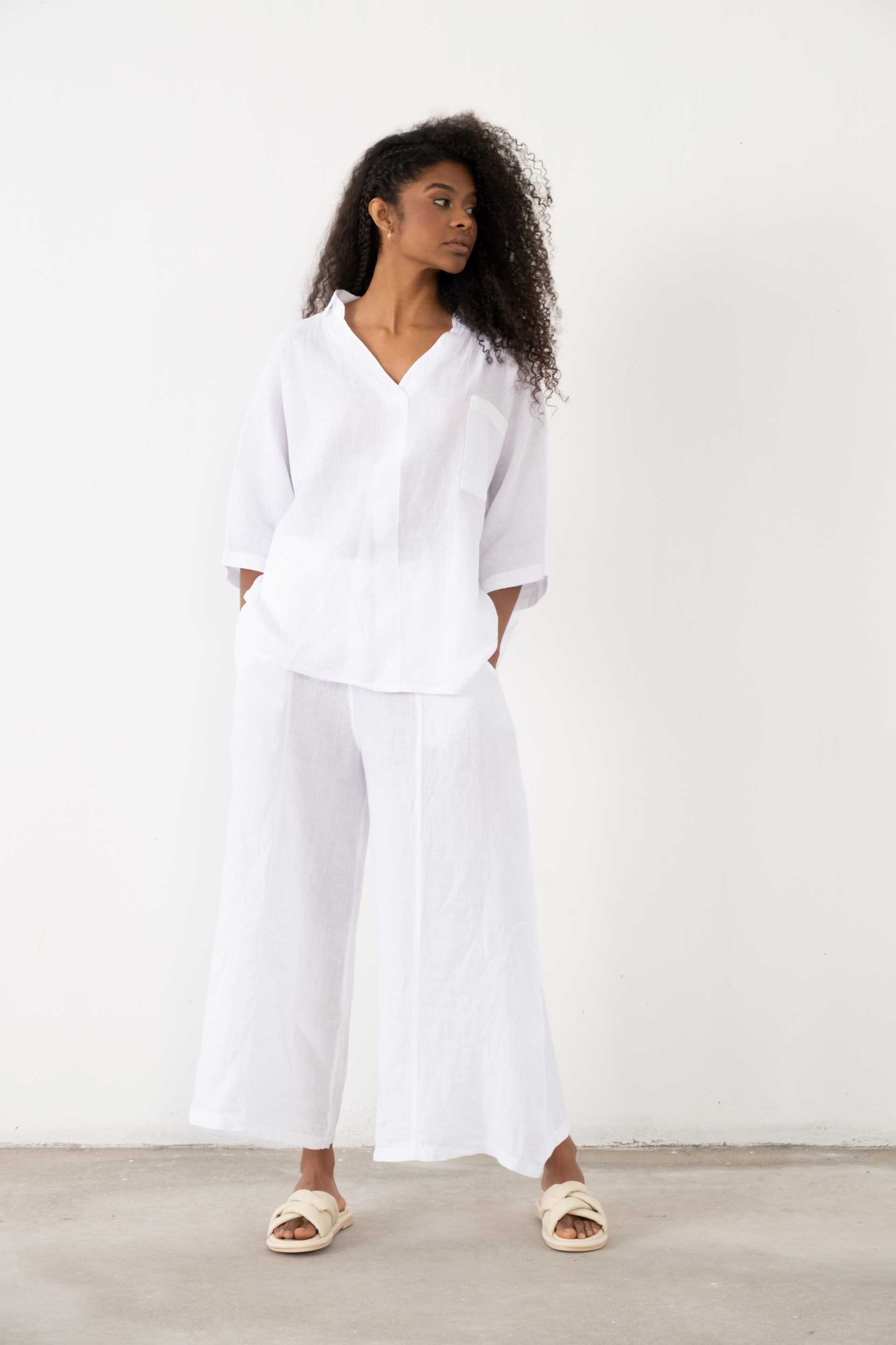 Keten V Yaka Oversize Kadın Gömlek #renk_Beyaz