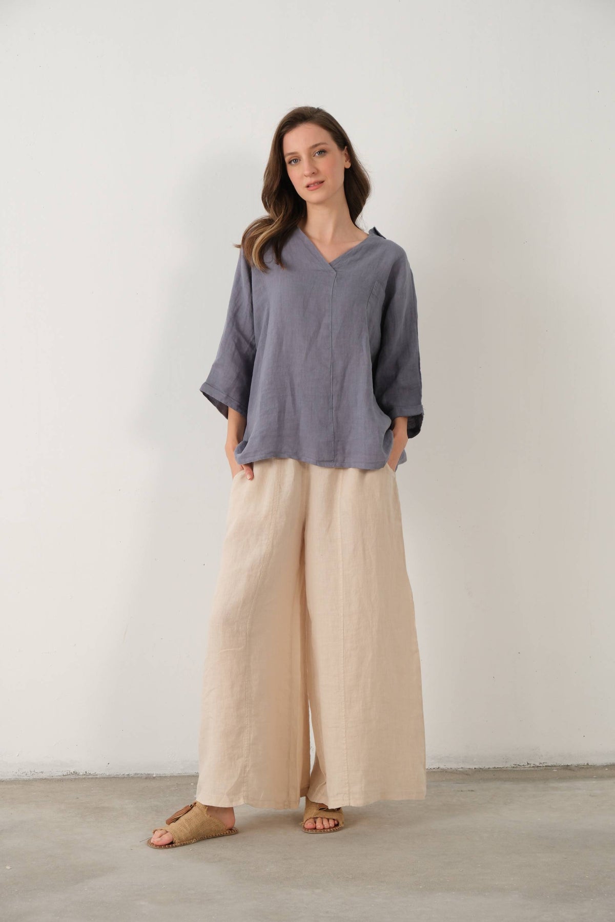 Keten V Yaka Oversize Kadın Gömlek #renk_Lila