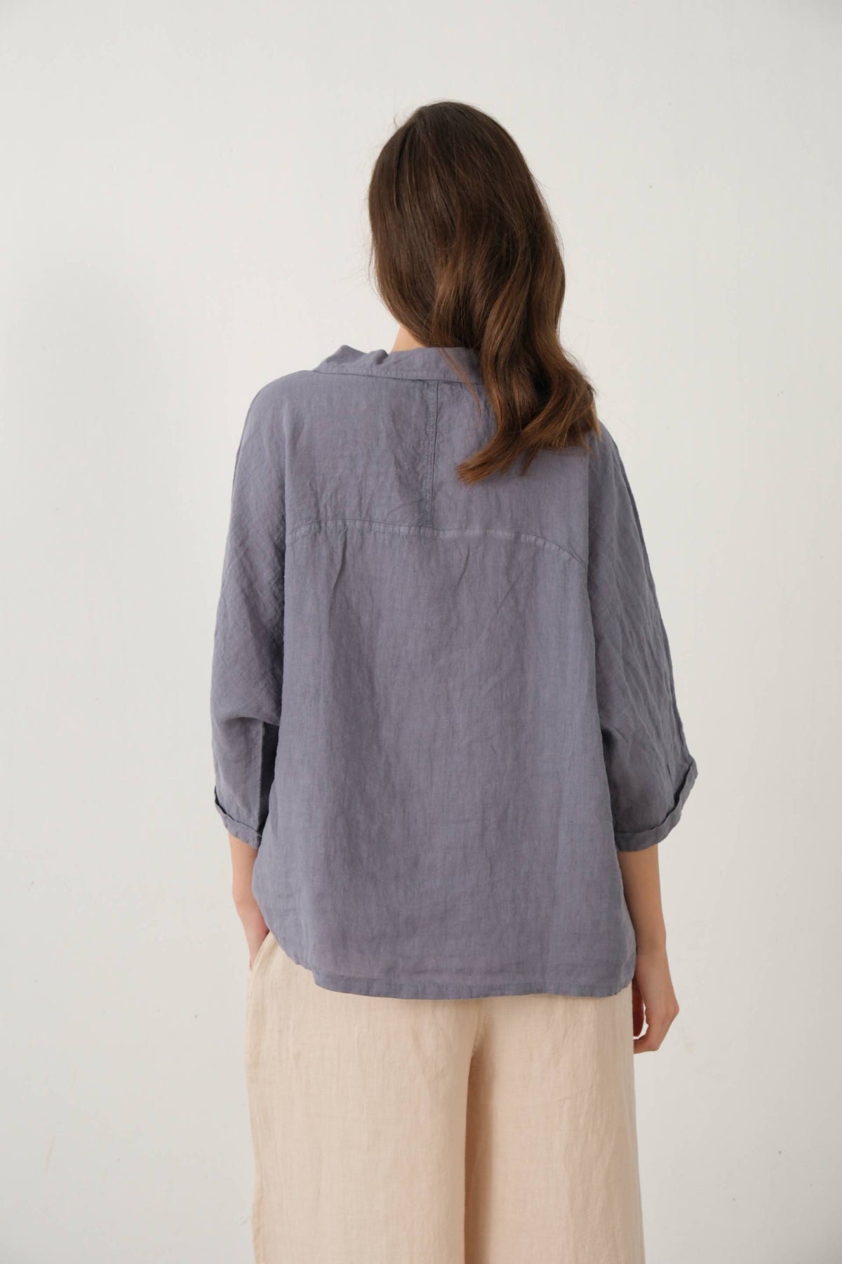 Keten V Yaka Oversize Kadın Gömlek #renk_Lila