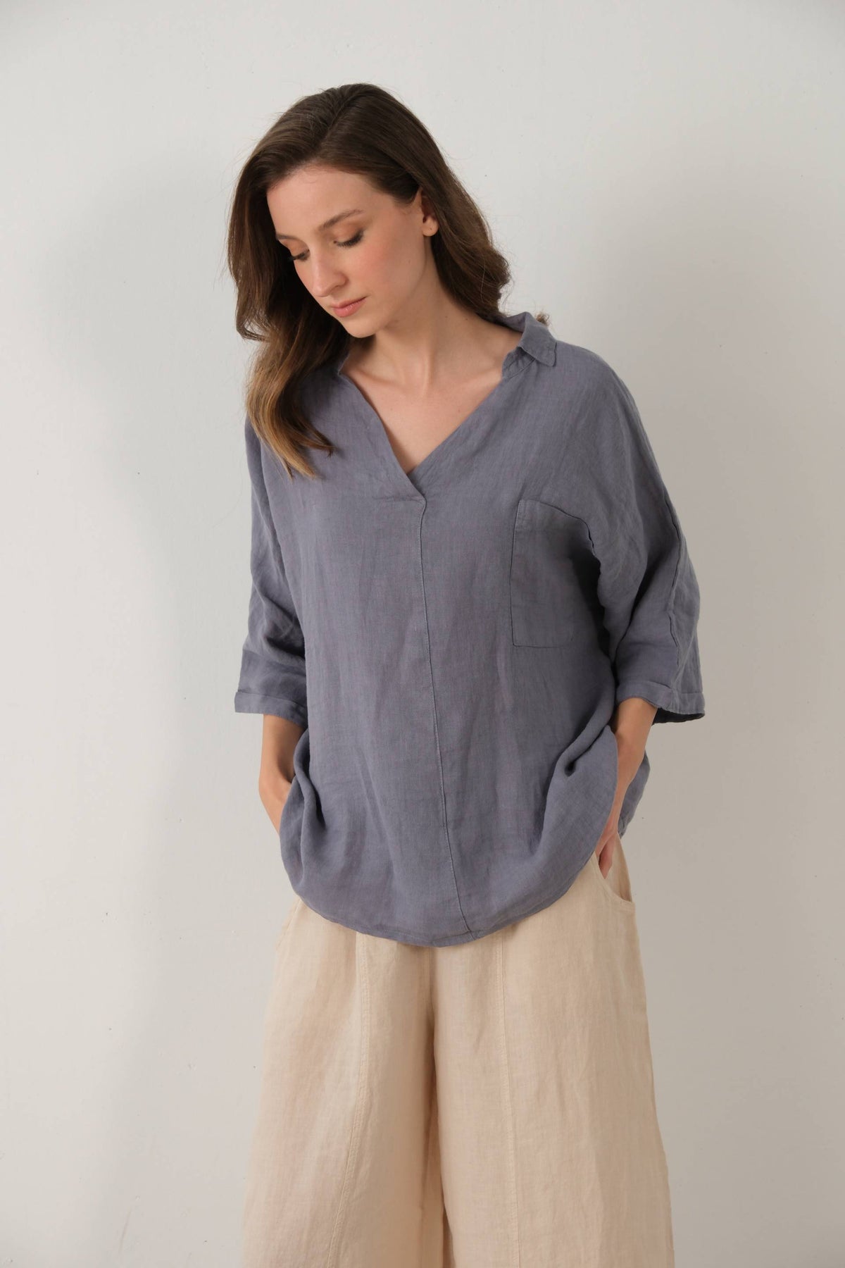 Keten V Yaka Oversize Kadın Gömlek #renk_Lila