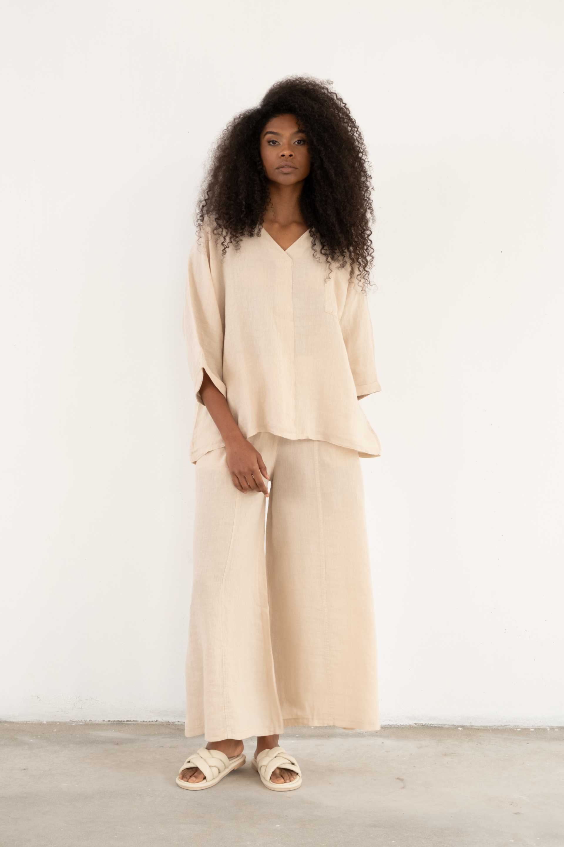 Keten V Yaka Oversize Kadın Gömlek #renk_Bej