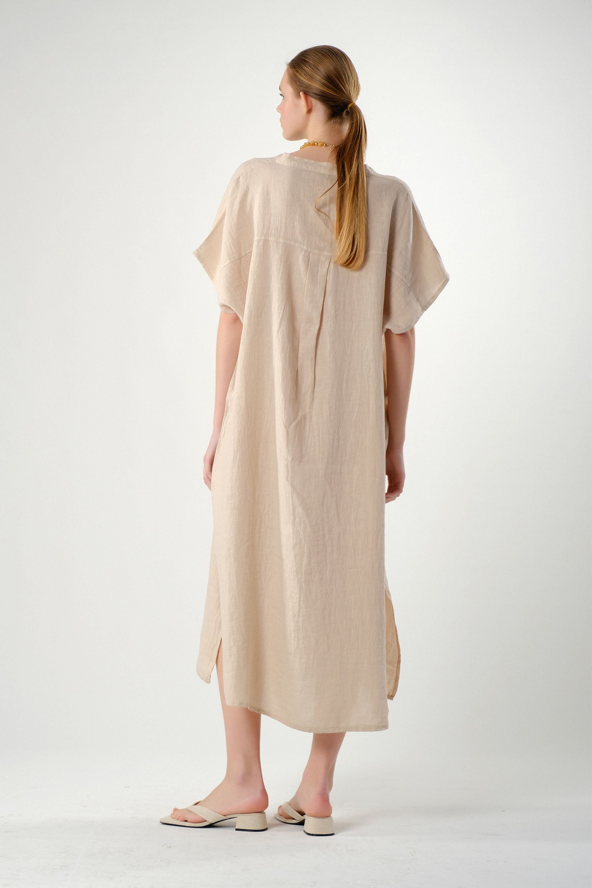 Maxi Kaftan Ham Keten Elbise / Bej #renk_Bej