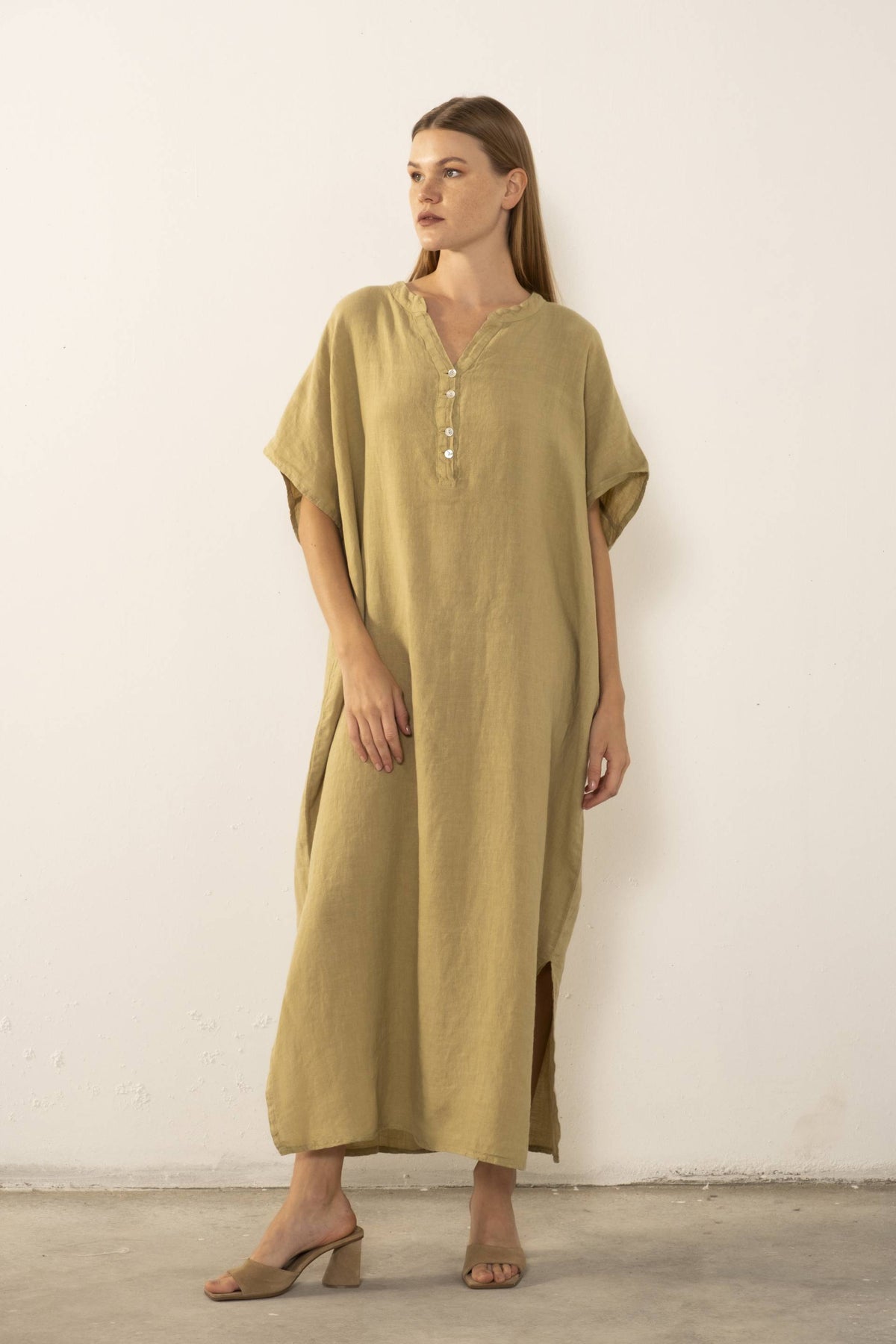 Ham Keten Maxi Kaftan Elbise #renk_Mint