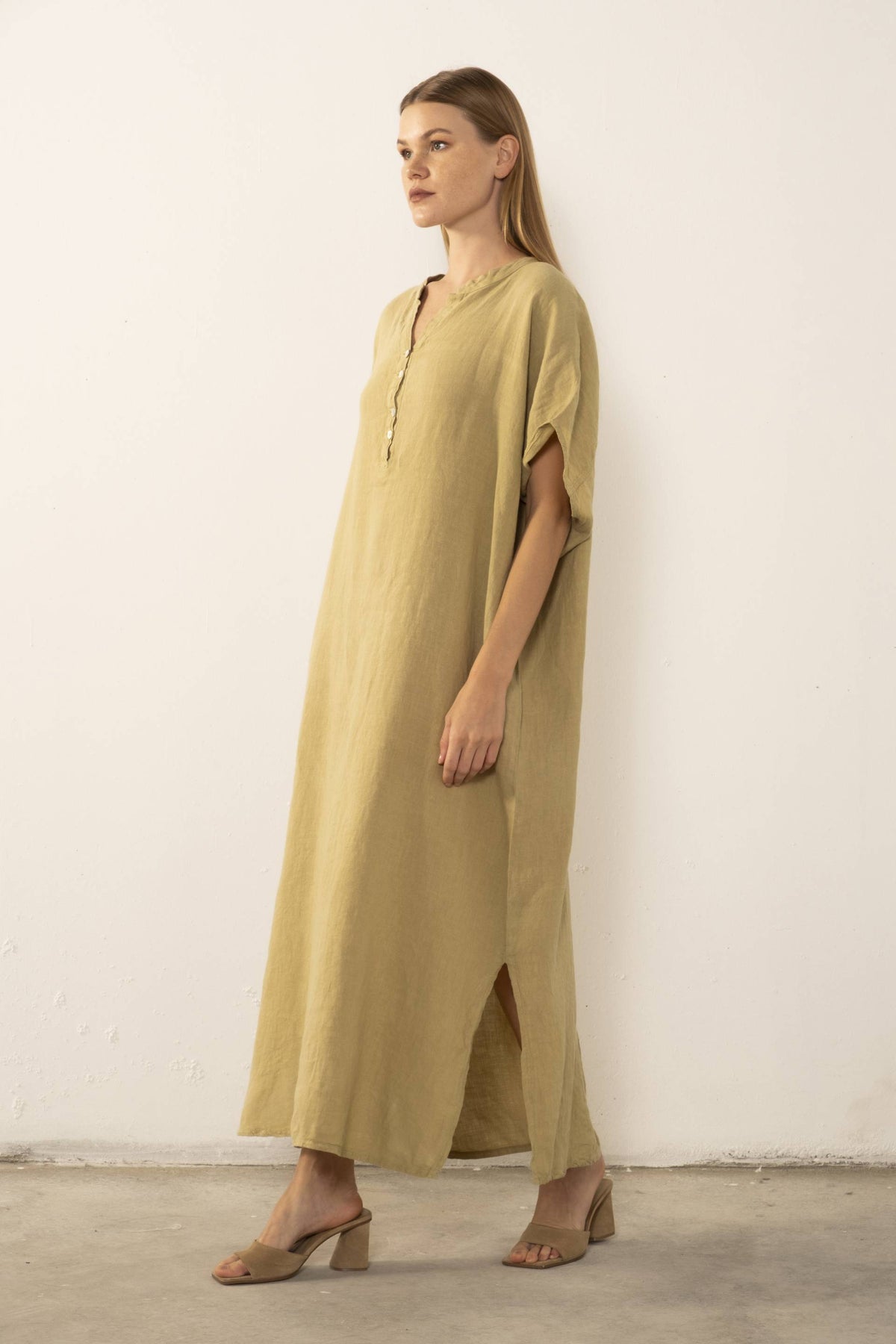 Ham Keten Maxi Kaftan Elbise #renk_Mint
