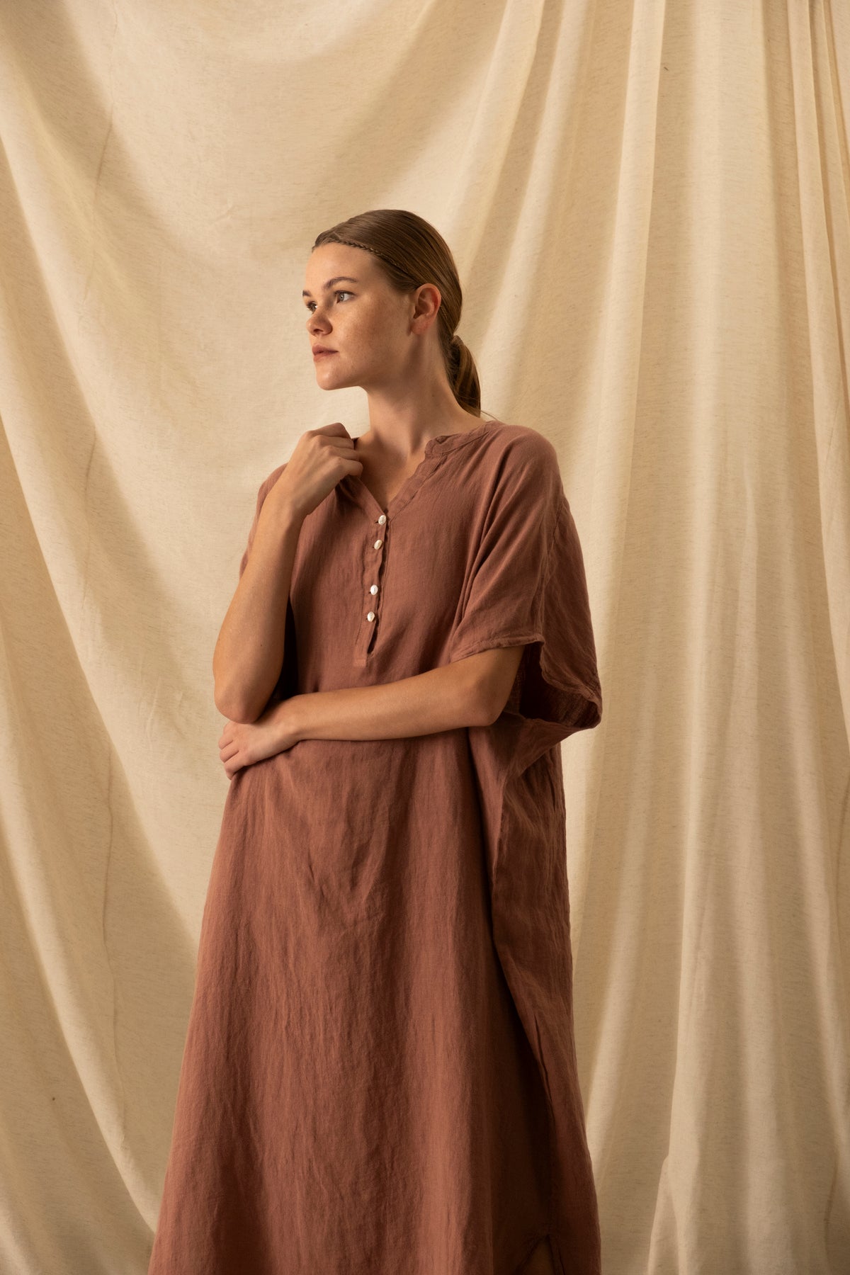 Maxi Kaftan Ham Keten Elbise #renk_Gül Kurusu