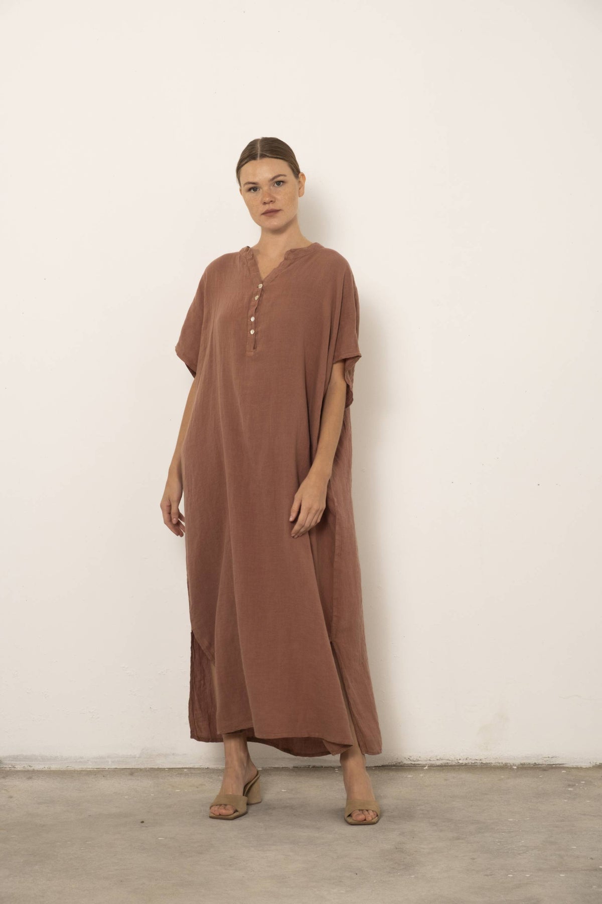 Maxi Kaftan Ham Keten Elbise #renk_Gül Kurusu