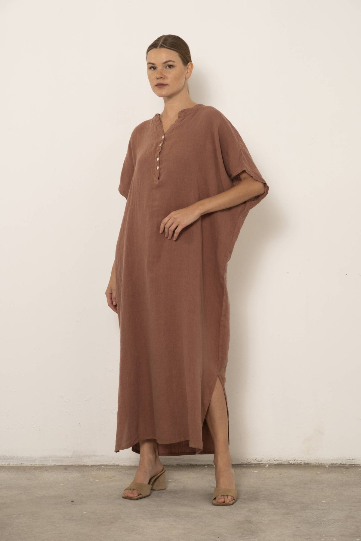 Maxi Kaftan Ham Keten Elbise #renk_Gül Kurusu
