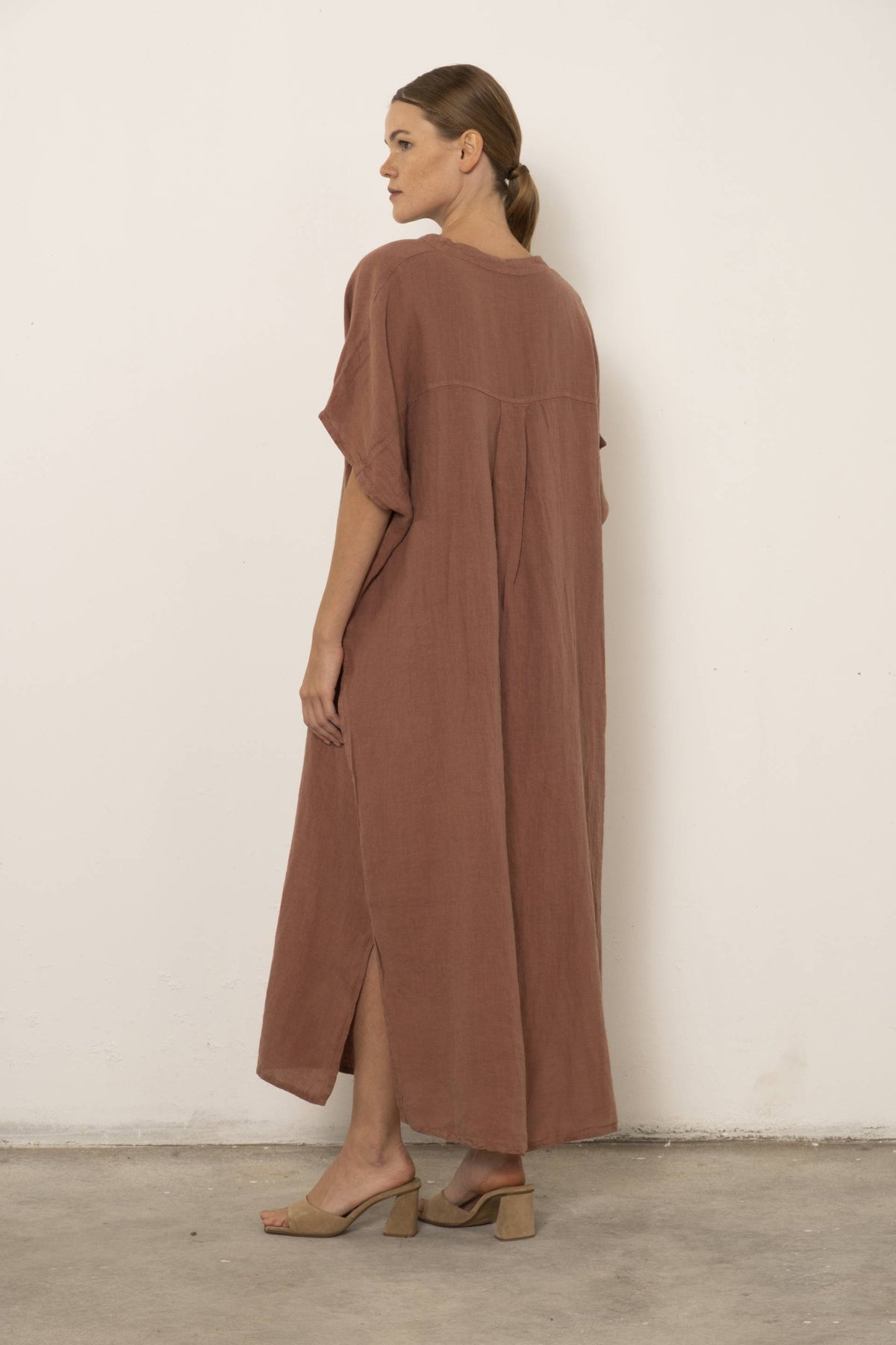 Maxi Kaftan Ham Keten Elbise #renk_Gül Kurusu