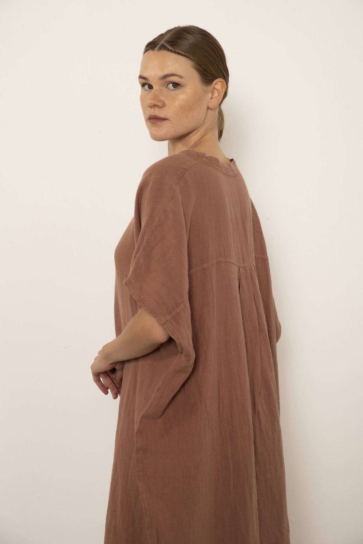 Maxi Kaftan Ham Keten Elbise #renk_Gül Kurusu