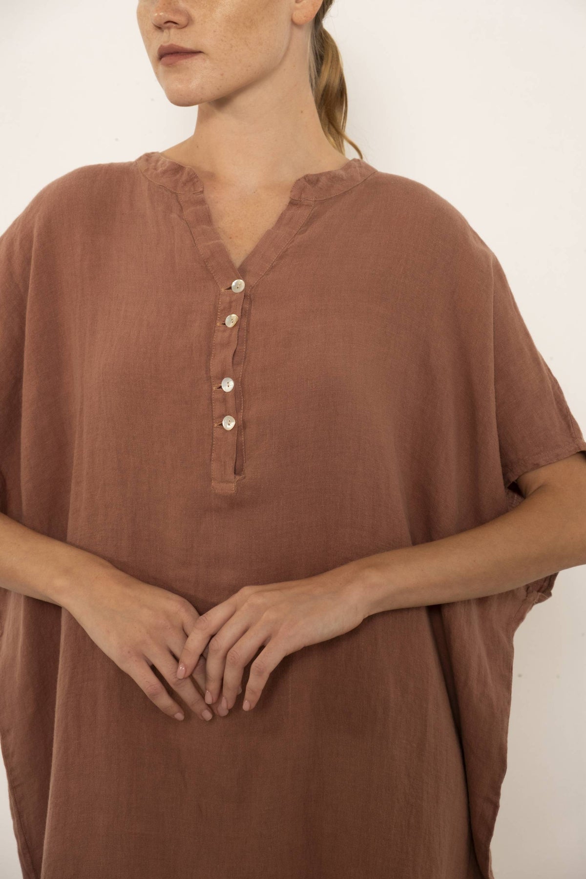Maxi Kaftan Ham Keten Elbise #renk_Gül Kurusu