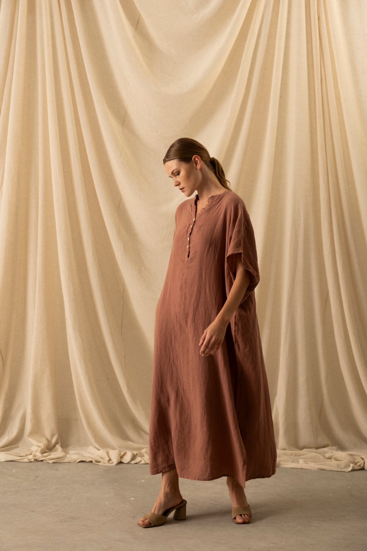 Maxi Kaftan Ham Keten Elbise #renk_Gül Kurusu