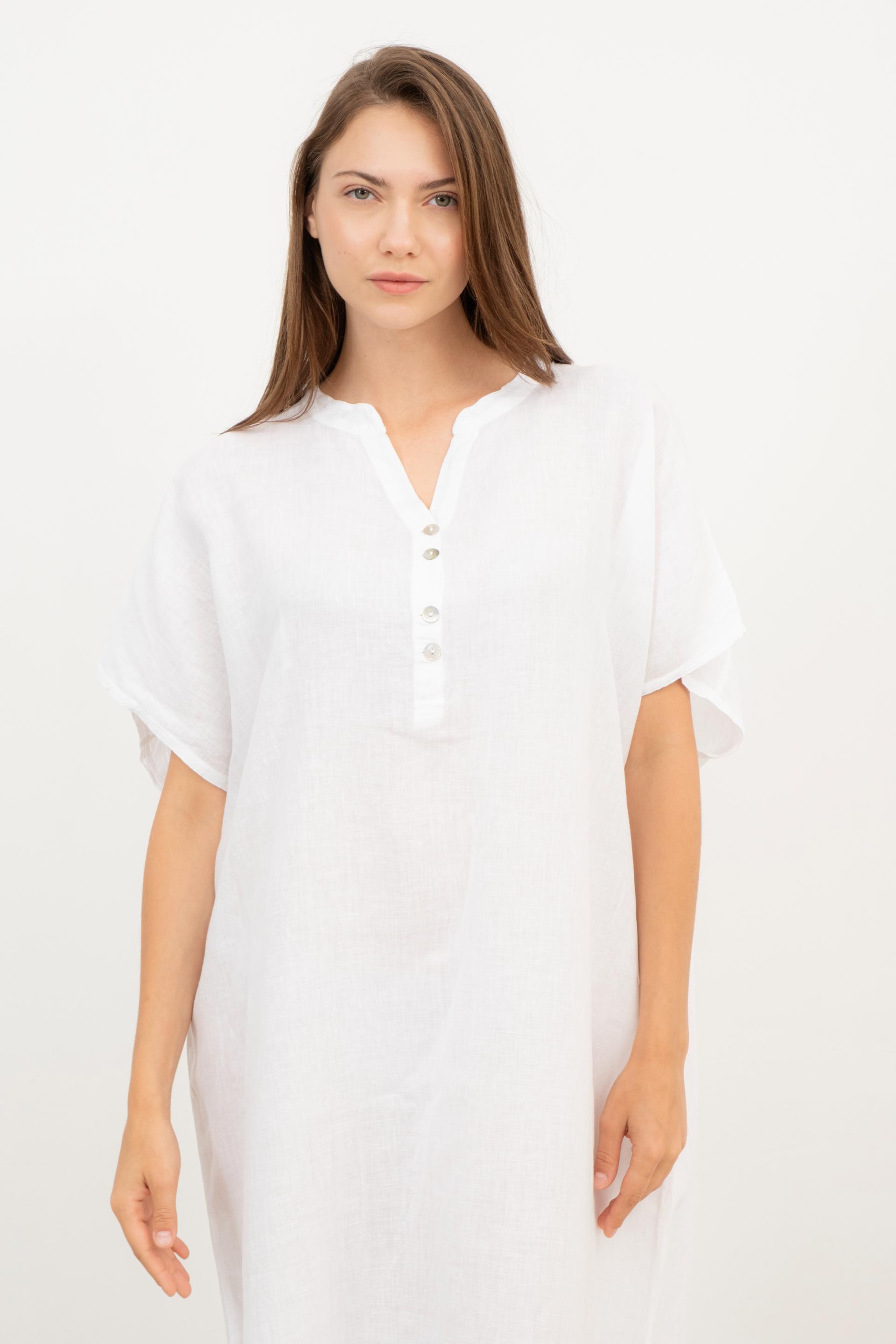 Ham Keten Maxi Kaftan Elbise #renk_Beyaz