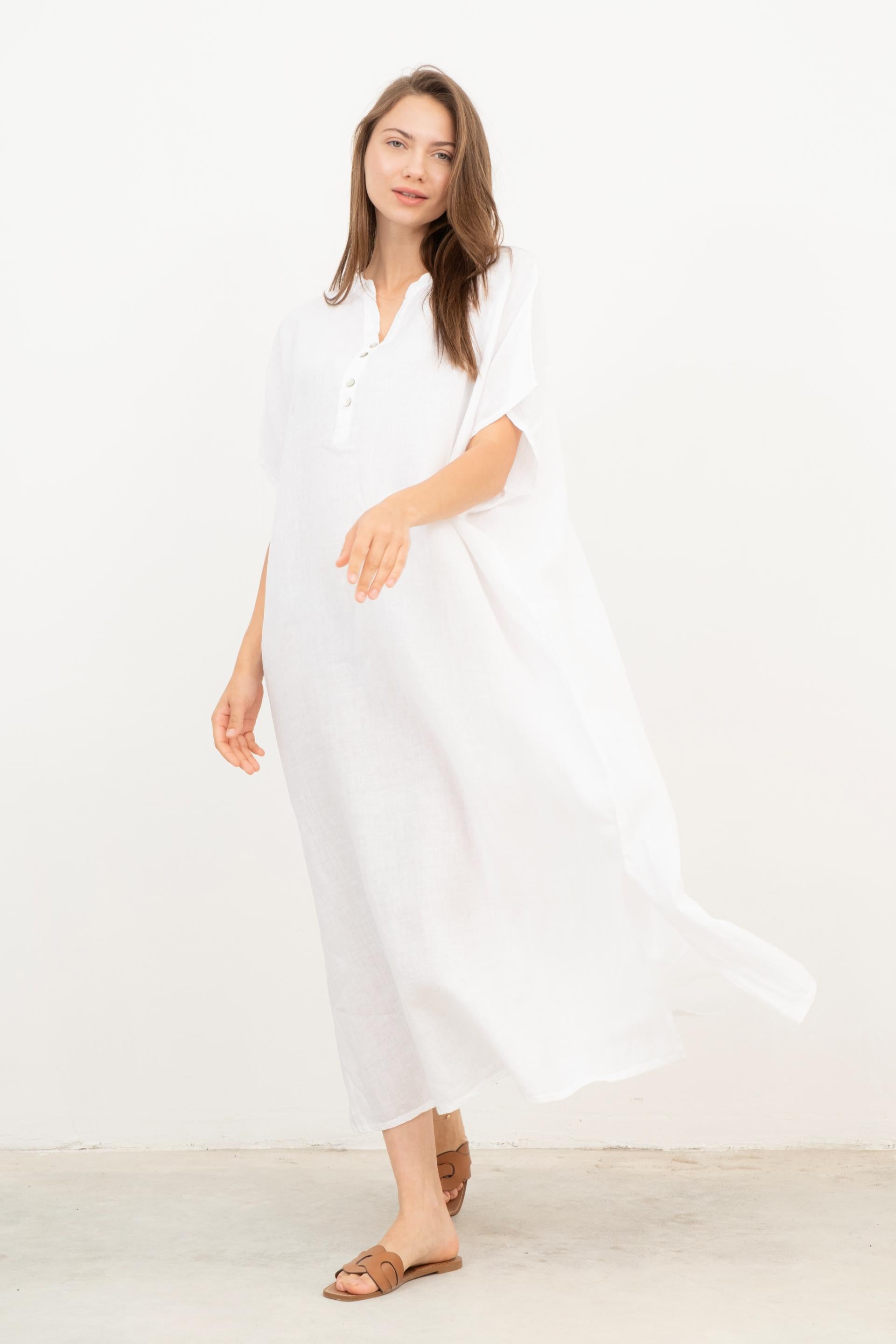 Ham Keten Maxi Kaftan Elbise #renk_Beyaz