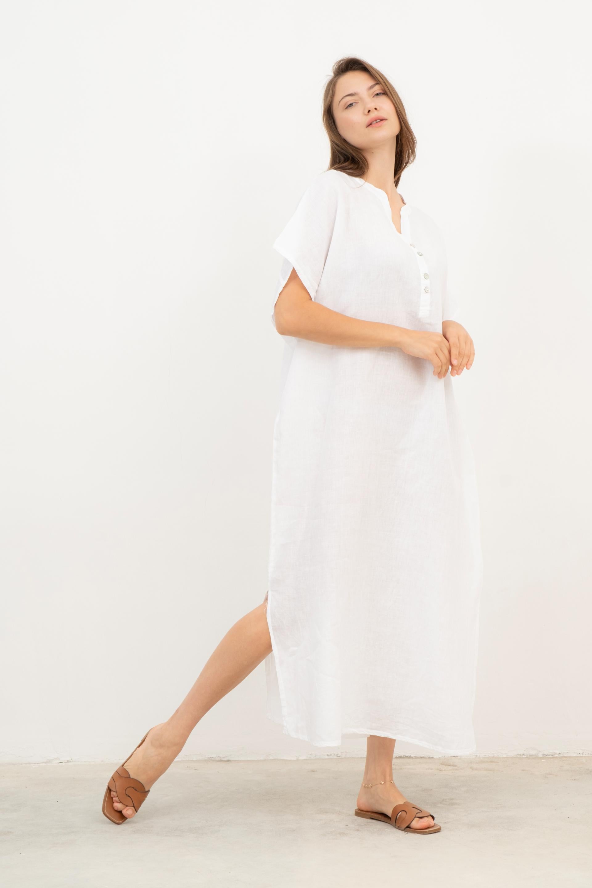 Ham Keten Maxi Kaftan Elbise #renk_Beyaz