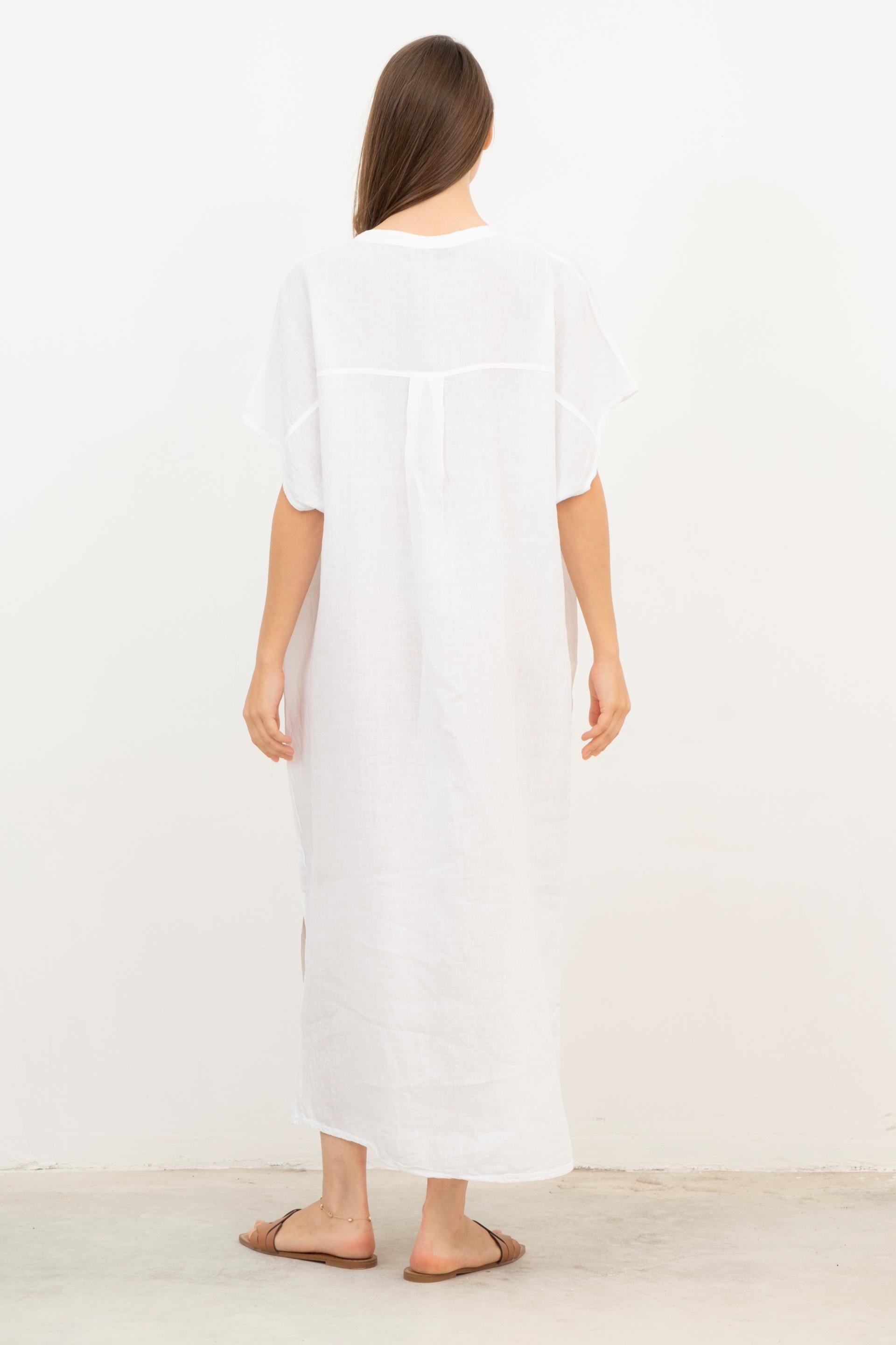 Ham Keten Maxi Kaftan Elbise #renk_Beyaz