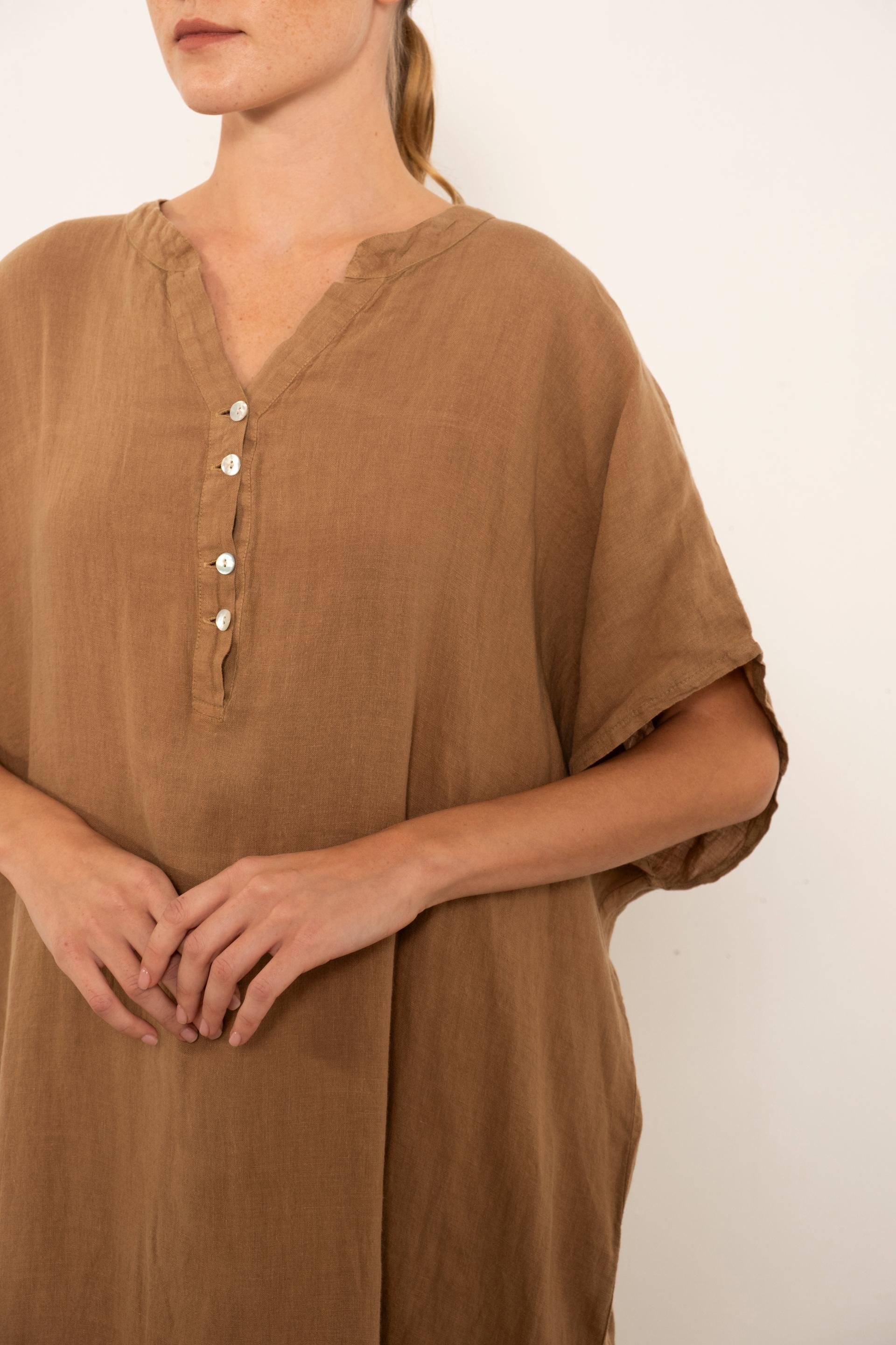 Ham Keten Maxi Kaftan Elbise #renk_Kahve