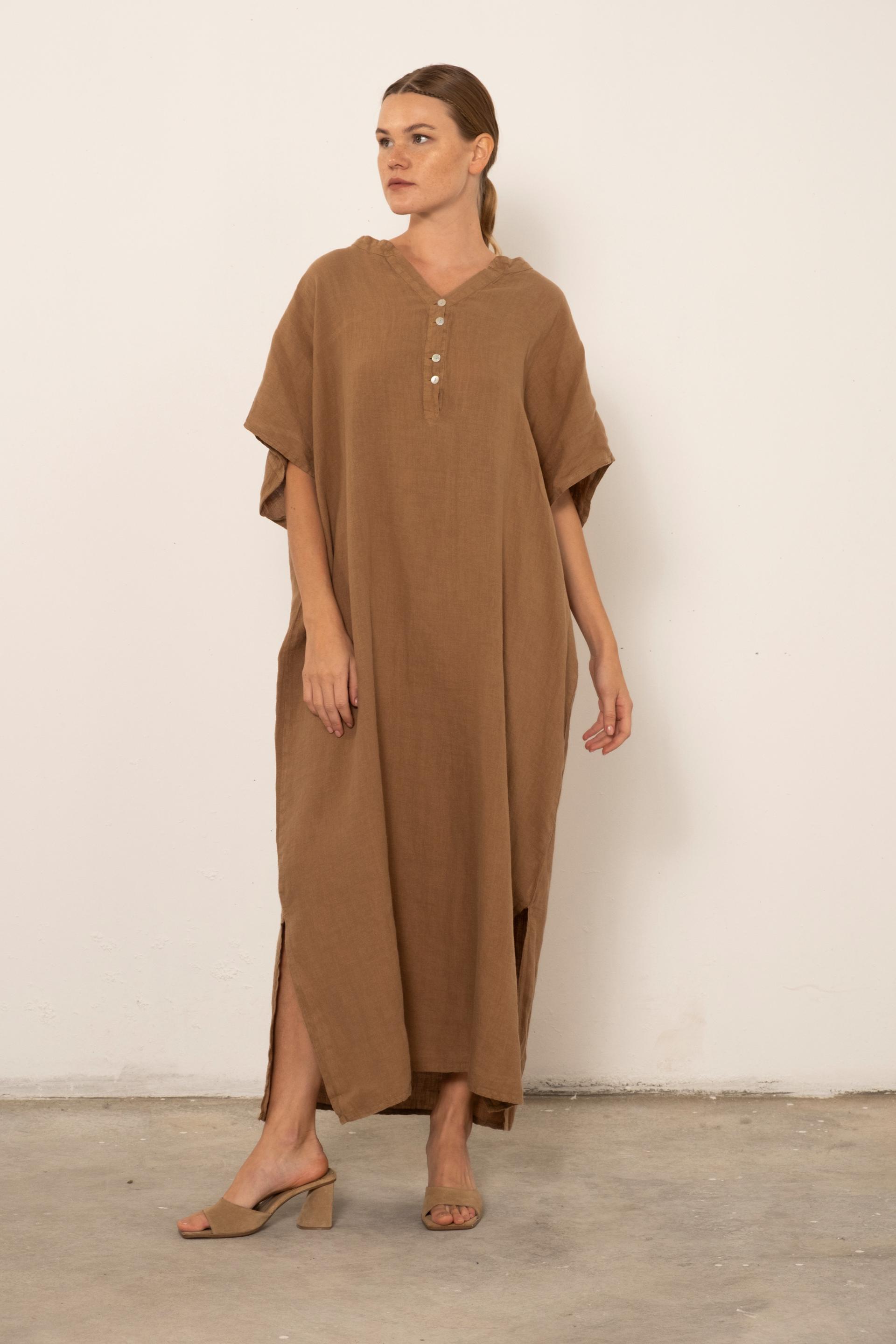 Ham Keten Maxi Kaftan Elbise #renk_Kahve
