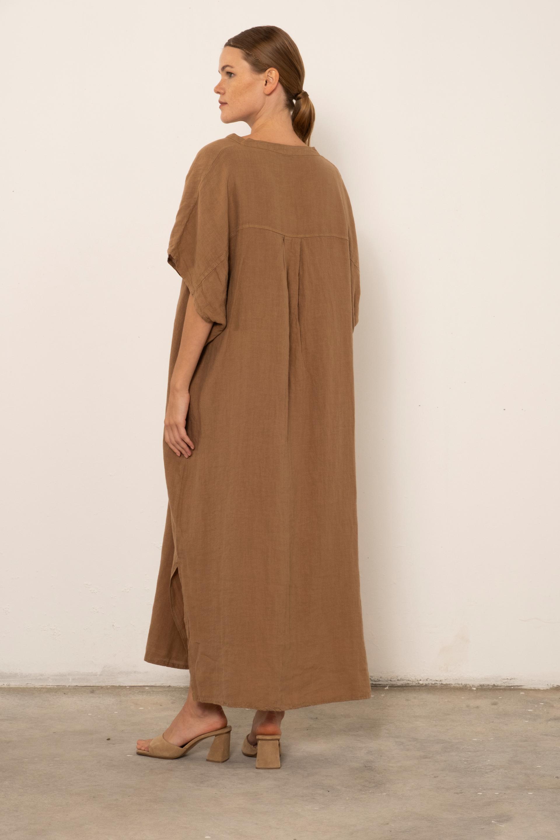 Ham Keten Maxi Kaftan Elbise #renk_Kahve