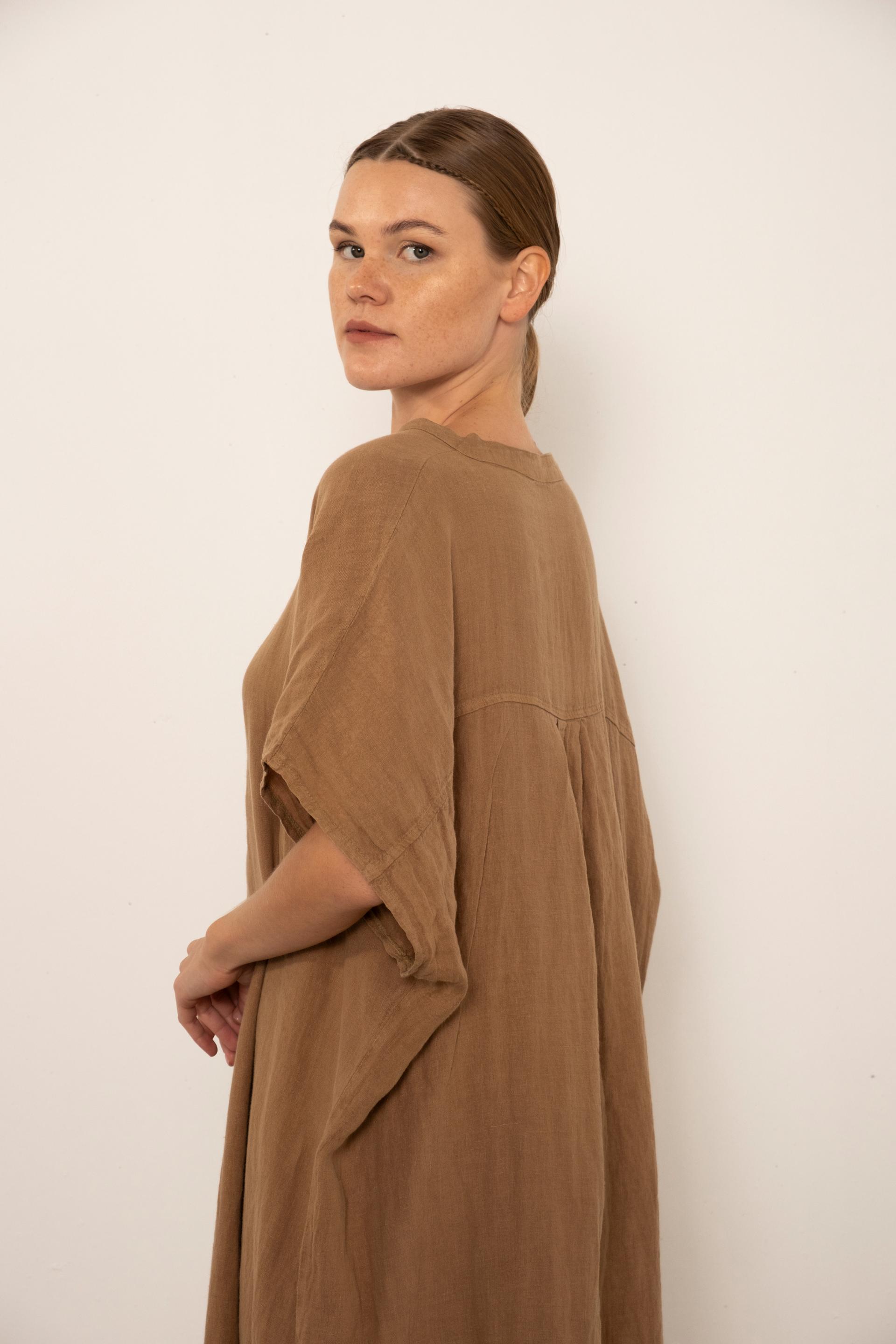 Ham Keten Maxi Kaftan Elbise #renk_Kahve