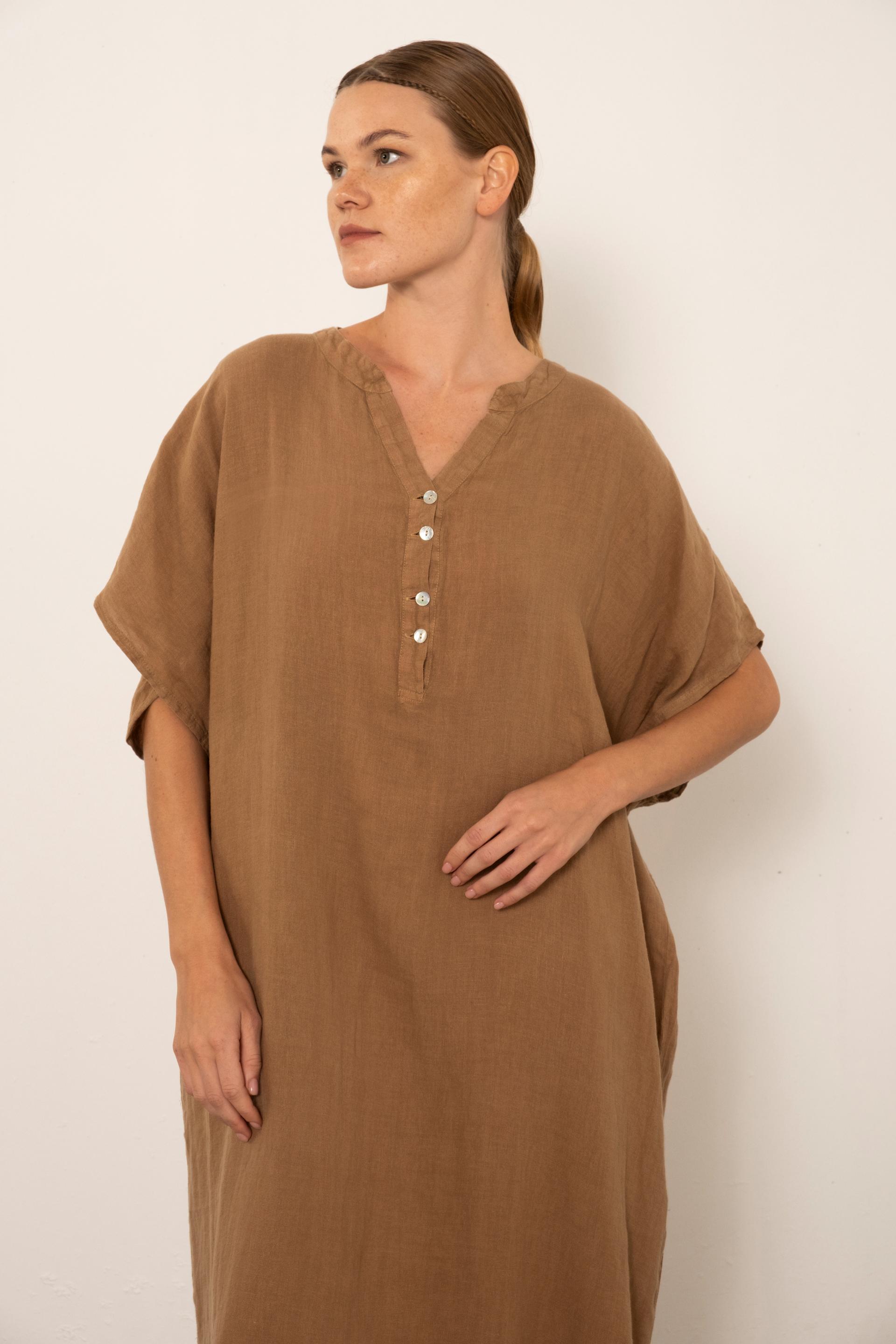 Ham Keten Maxi Kaftan Elbise #renk_Kahve