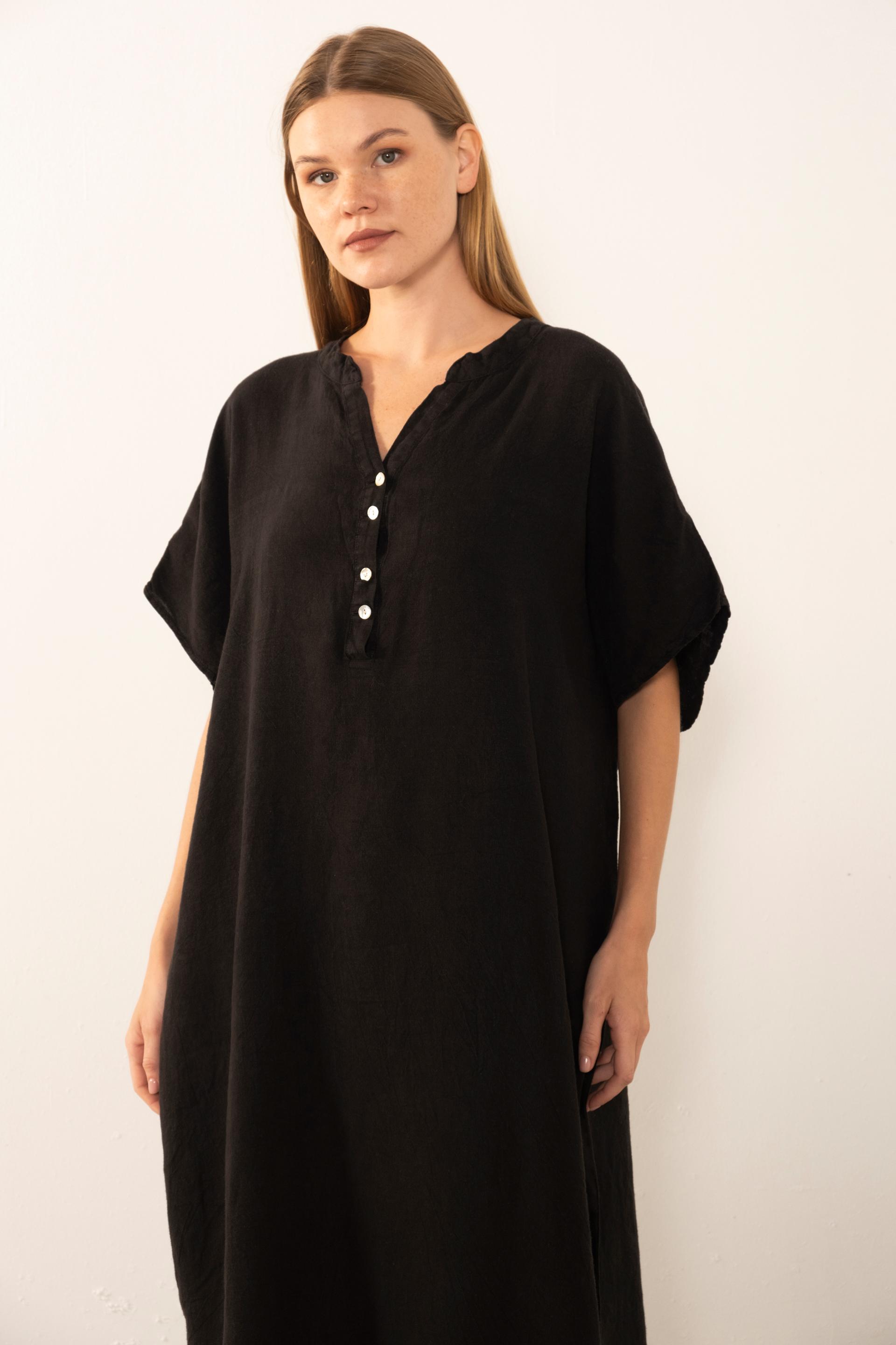 Ham Keten Maxi Kaftan Elbise #renk_Siyah