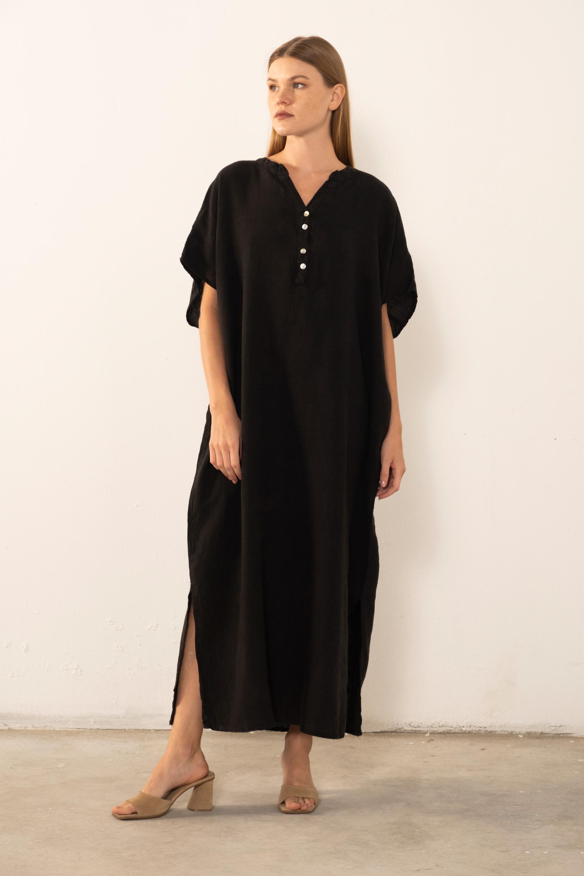 Ham Keten Maxi Kaftan Elbise #renk_Siyah