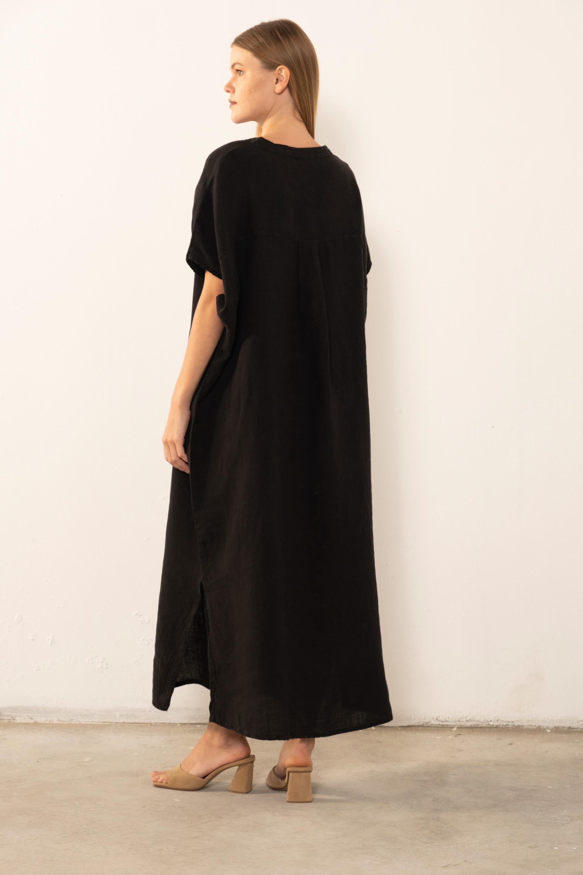Ham Keten Maxi Kaftan Elbise #renk_Siyah