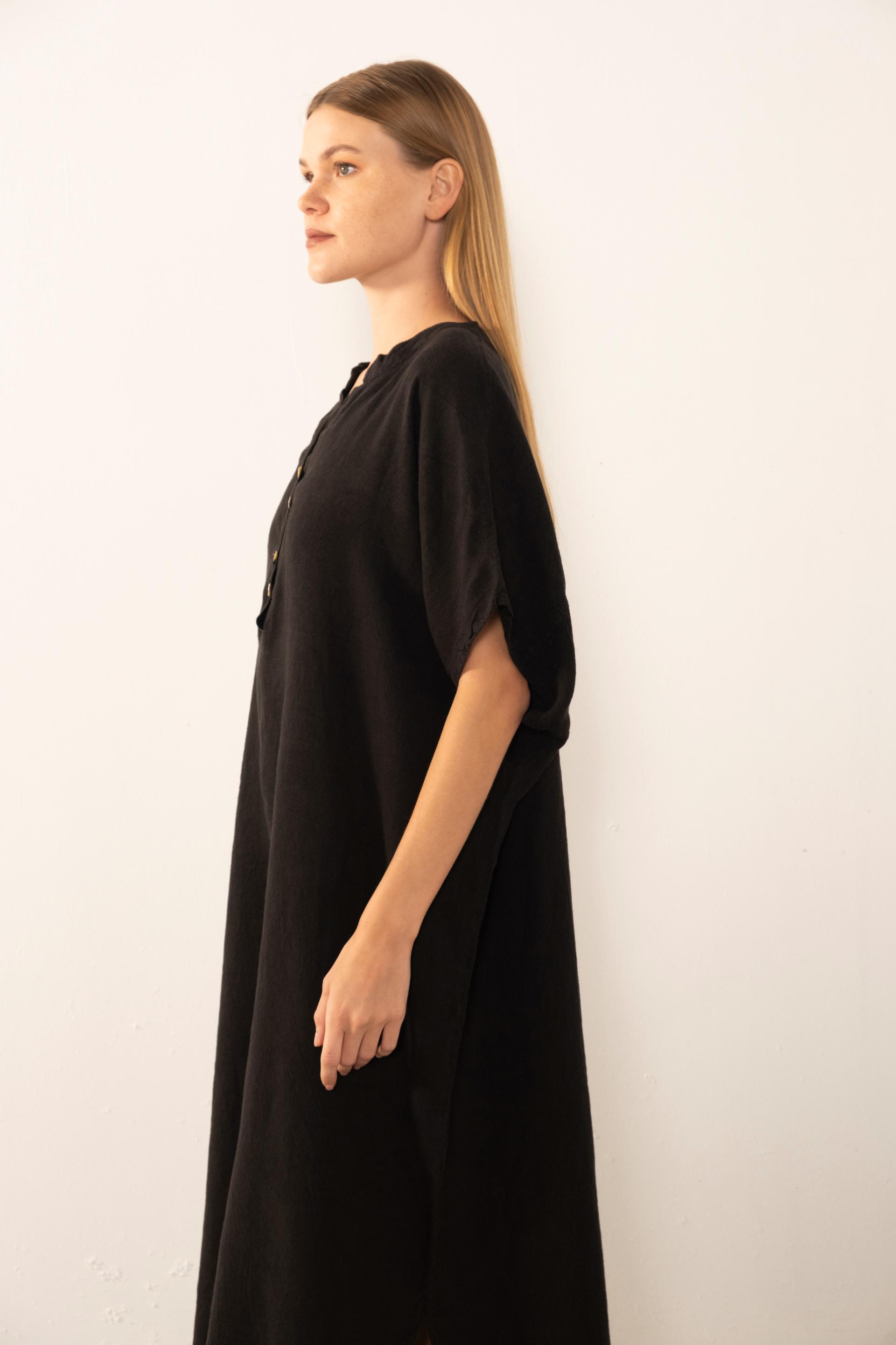 Ham Keten Maxi Kaftan Elbise #renk_Siyah