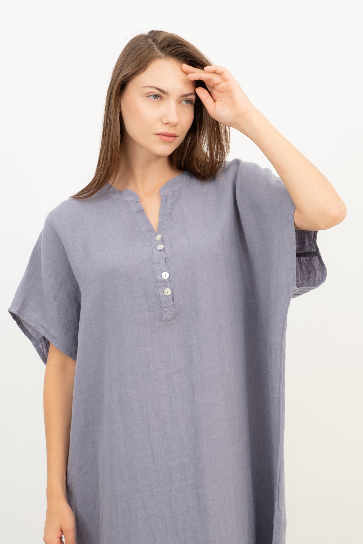 Maxi Kaftan Ham Keten Elbise #renk_Lila