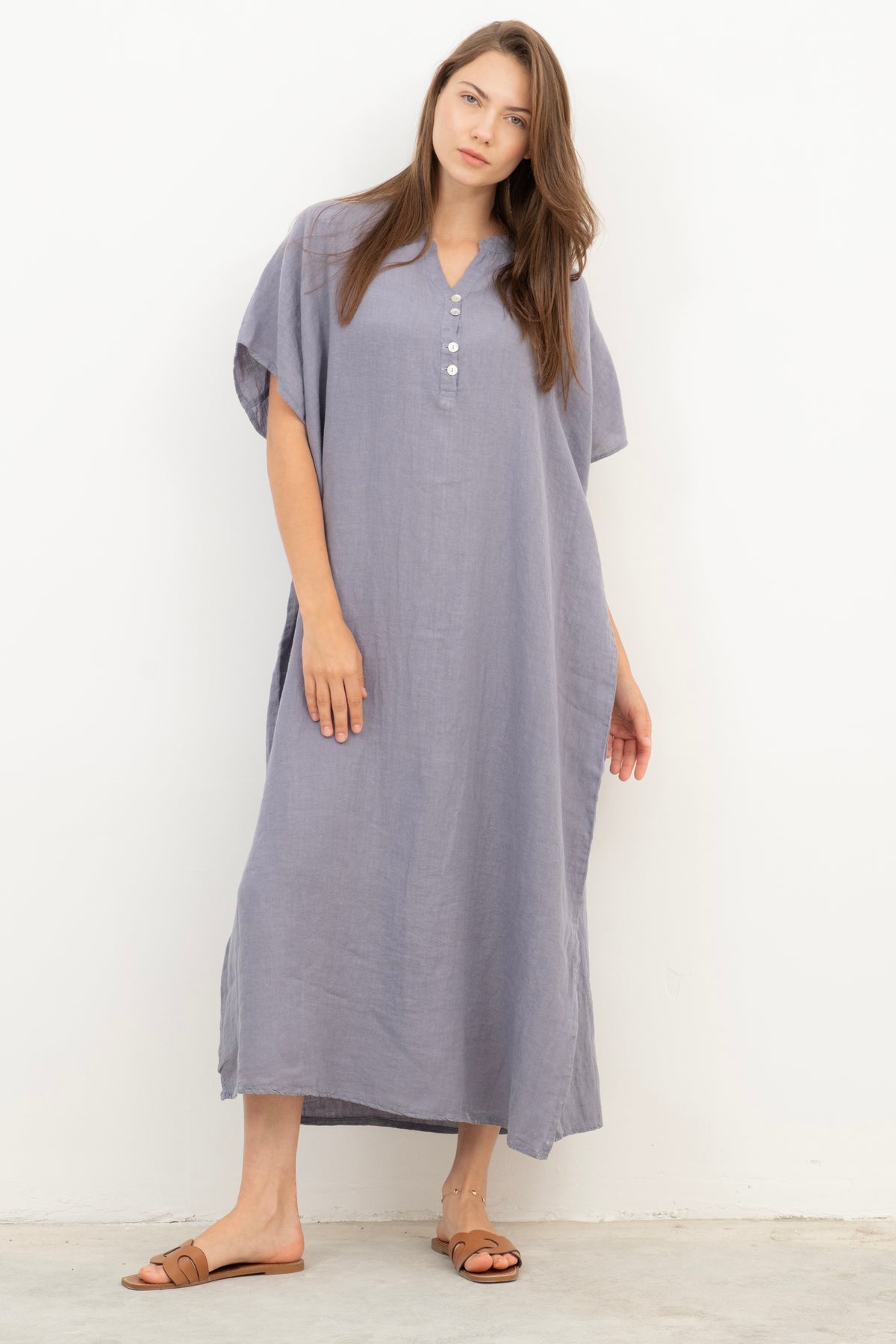 Maxi Kaftan Ham Keten Elbise #renk_Lila