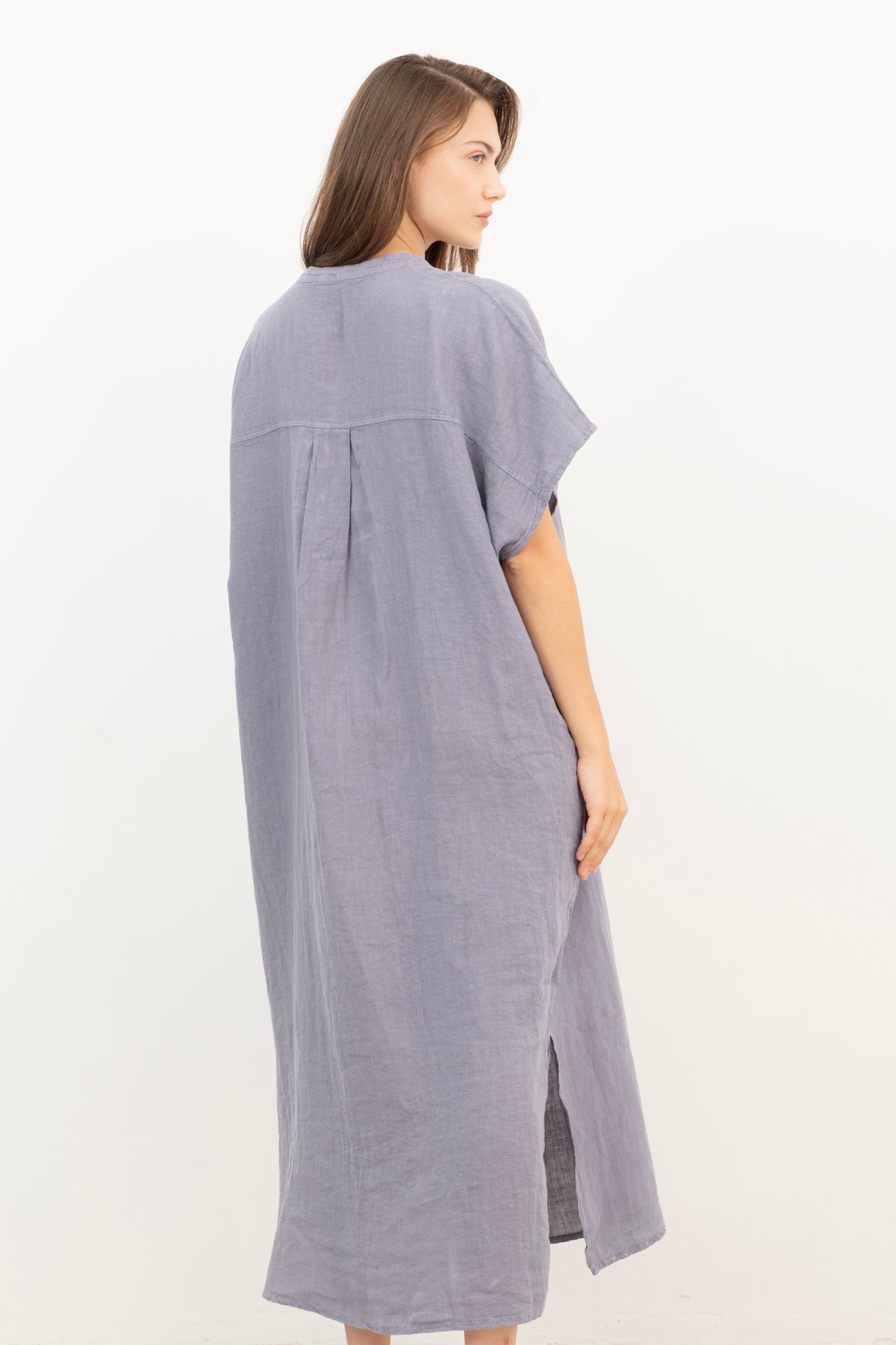 Maxi Kaftan Ham Keten Elbise #renk_Lila