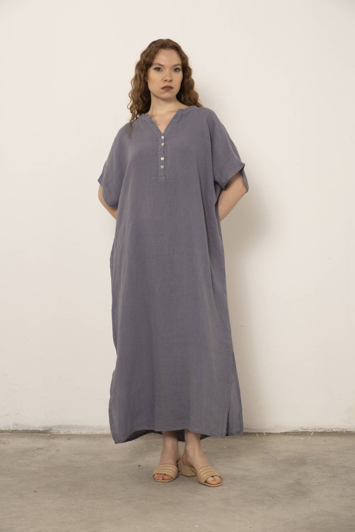 Maxi Kaftan Ham Keten Elbise #renk_Lila
