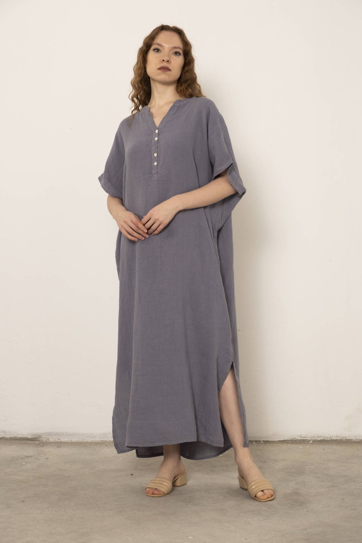 Maxi Kaftan Ham Keten Elbise #renk_Lila