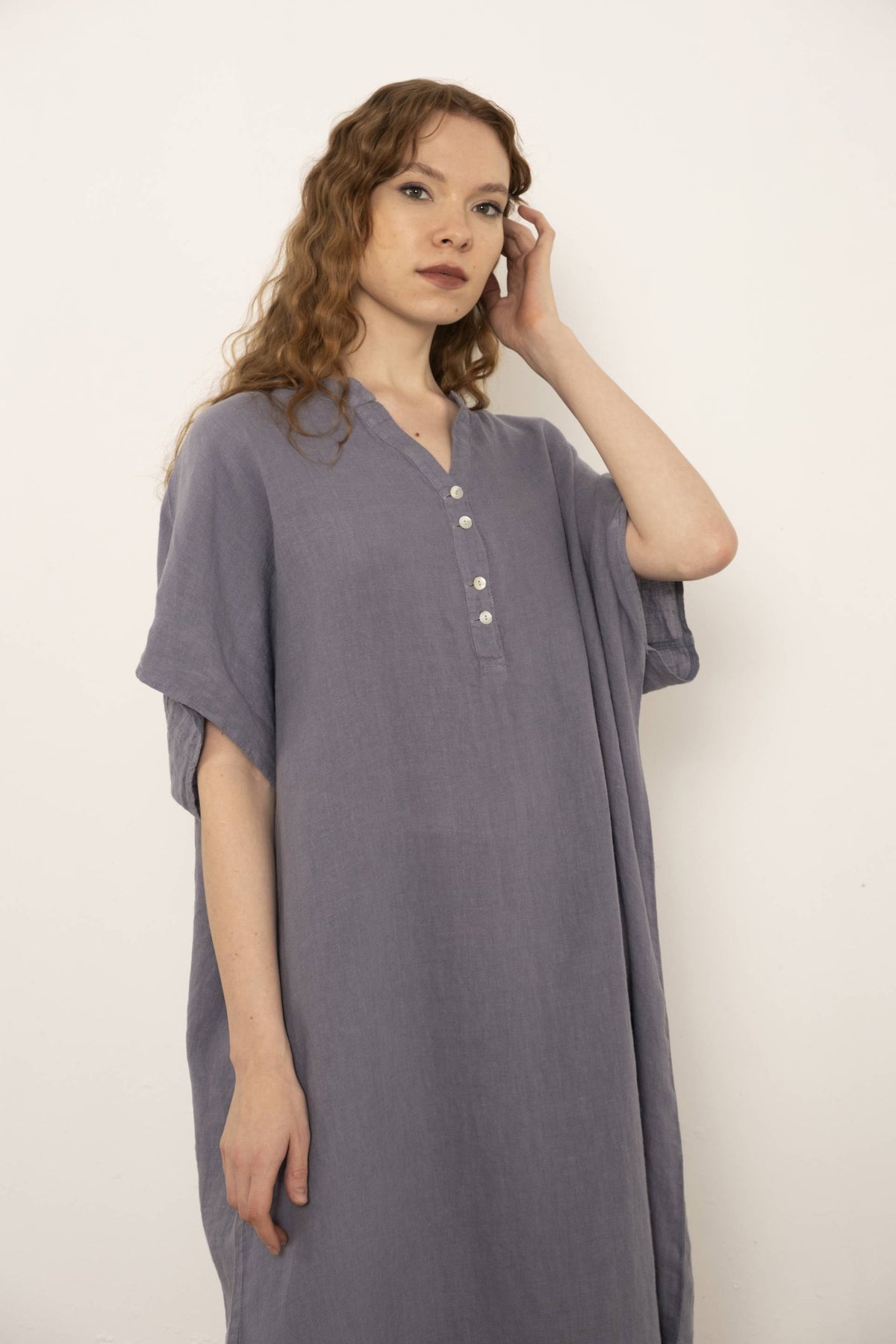 Maxi Kaftan Ham Keten Elbise #renk_Lila
