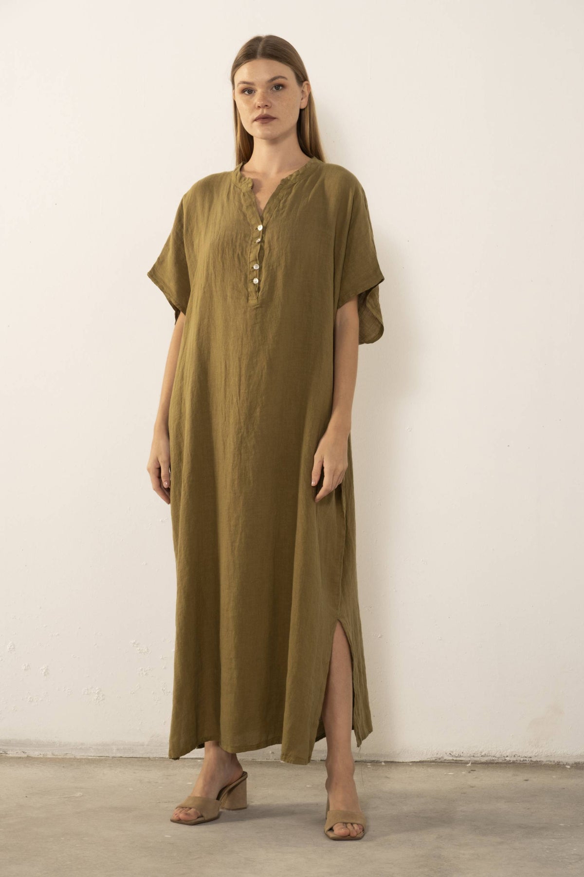 Maxi Kaftan Ham Keten Elbise #renk_Haki