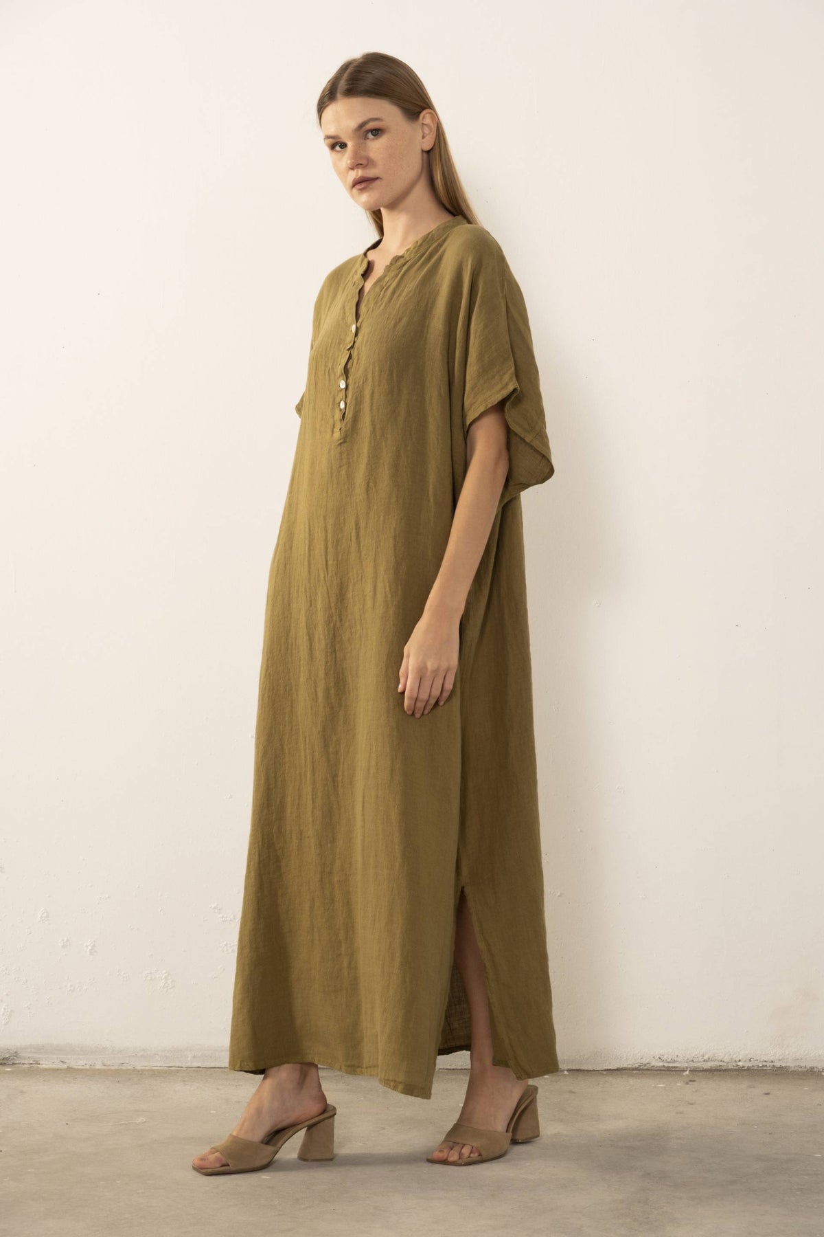 Maxi Kaftan Ham Keten Elbise #renk_Haki