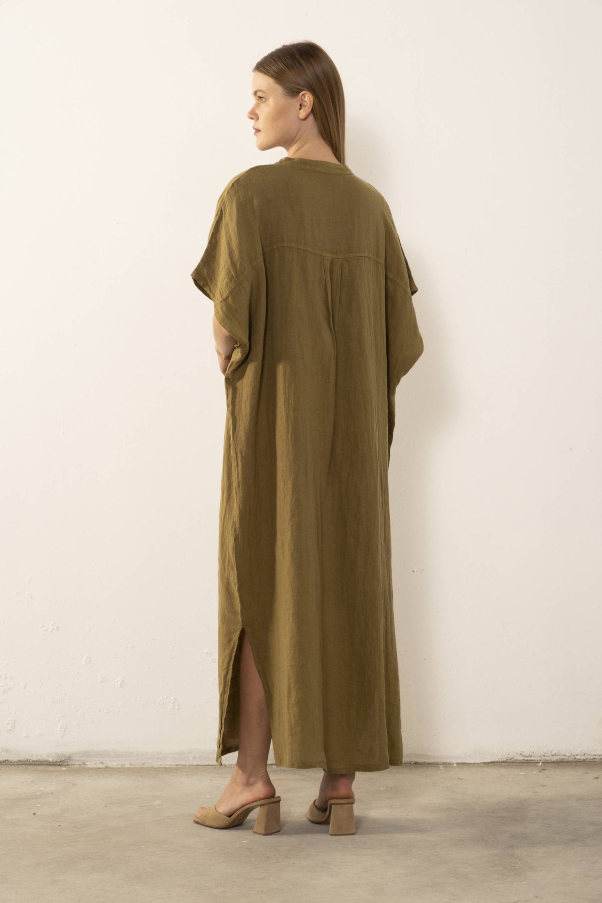 Maxi Kaftan Ham Keten Elbise #renk_Haki