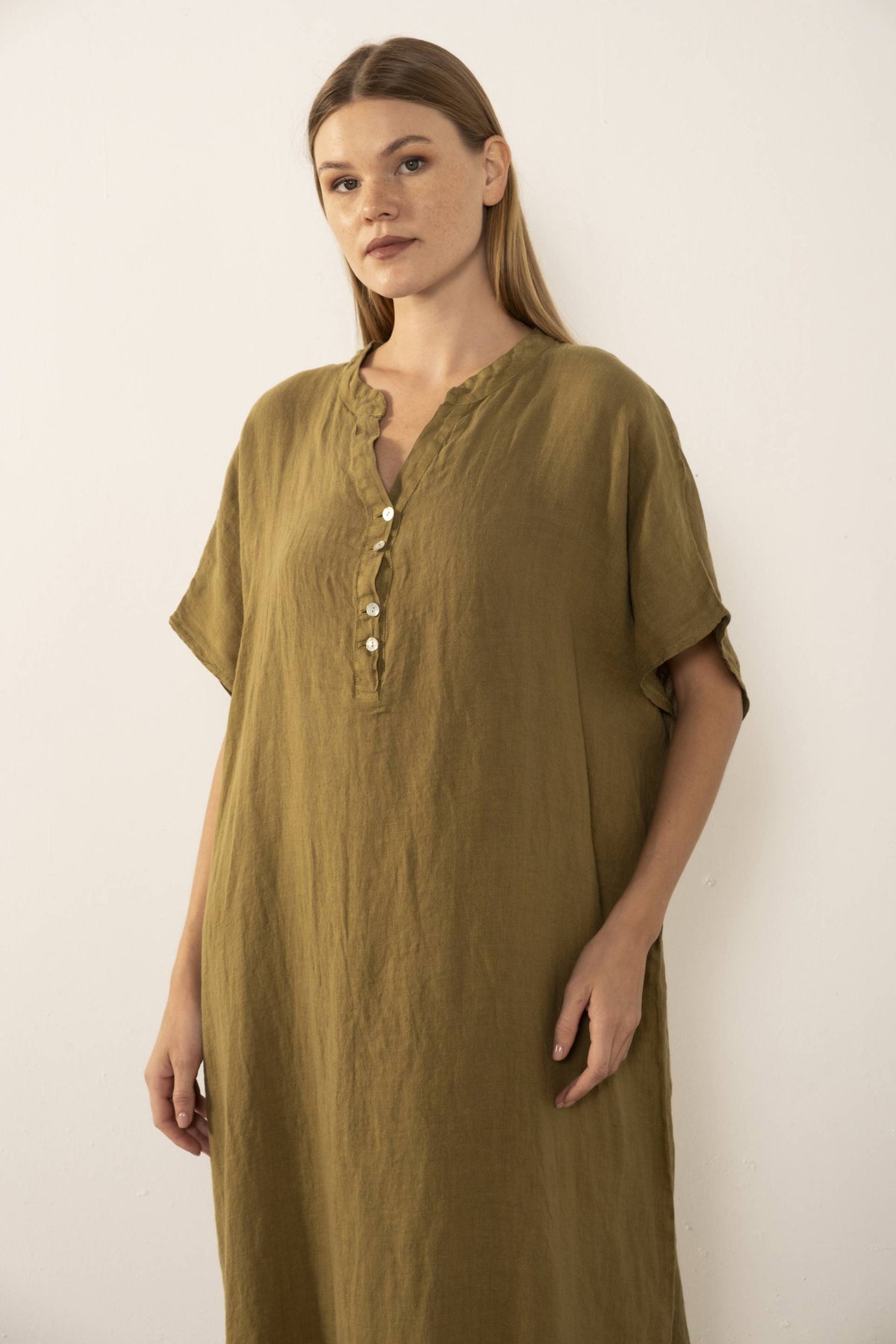 Maxi Kaftan Ham Keten Elbise #renk_Haki