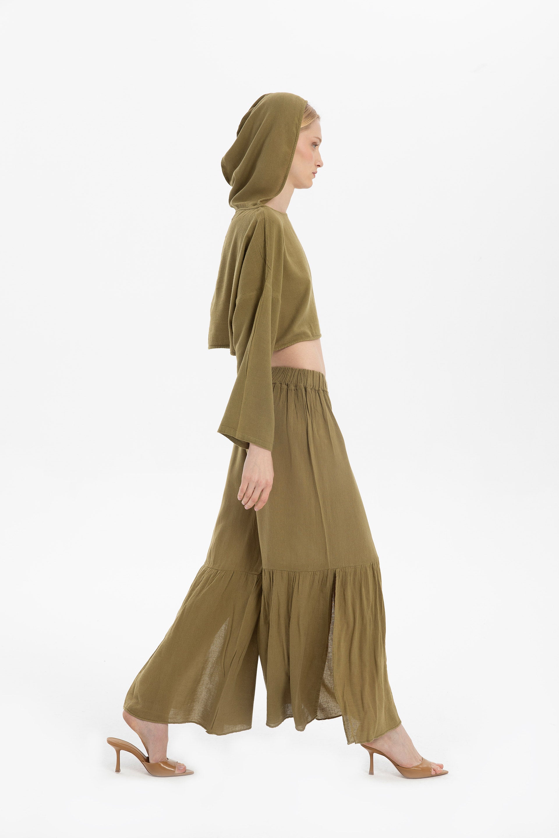 Keten Karışımlı Paçası Yırtmaçlı Pantolon #Renk_Haki