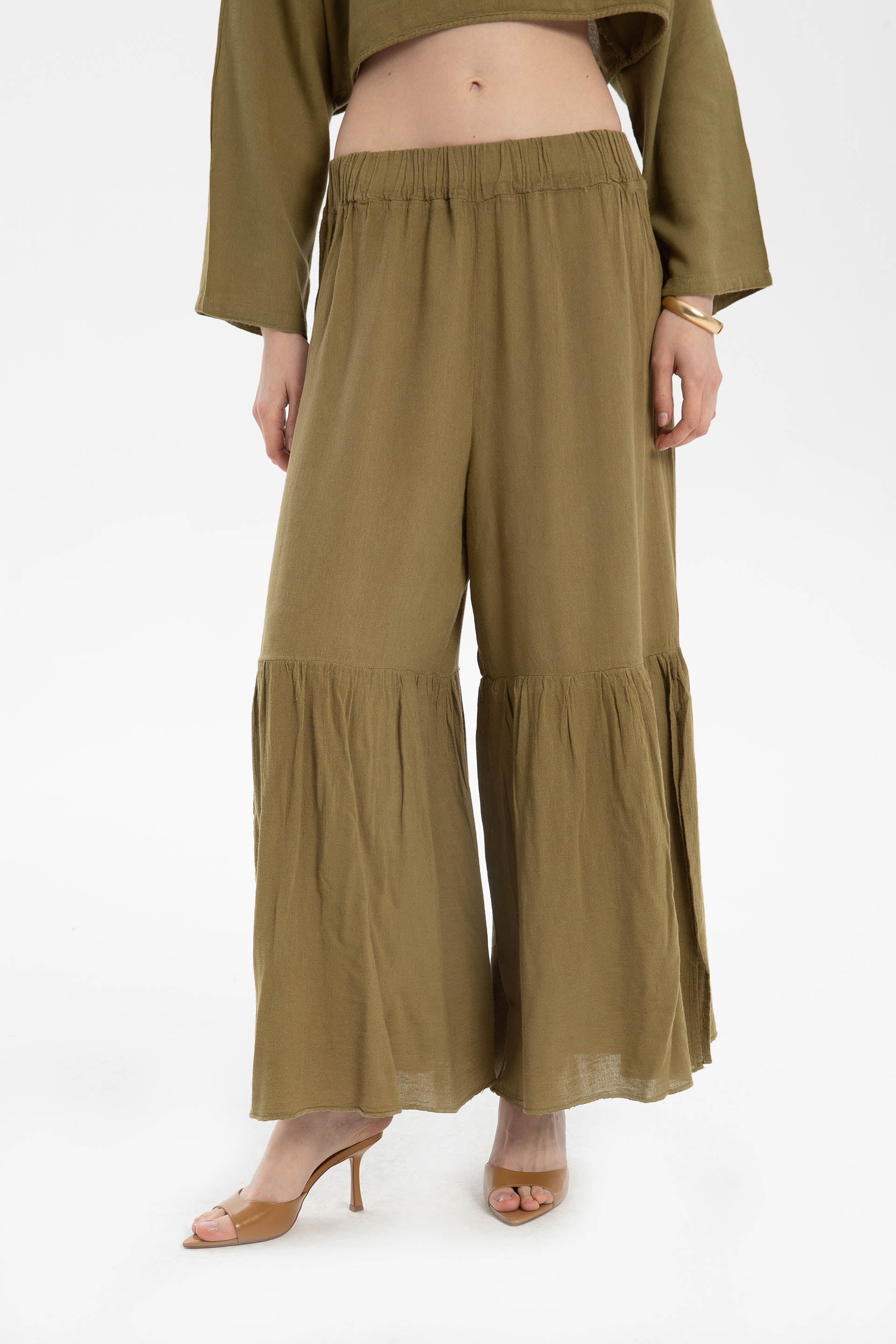 Keten Karışımlı Paçası Yırtmaçlı Pantolon #Renk_Haki