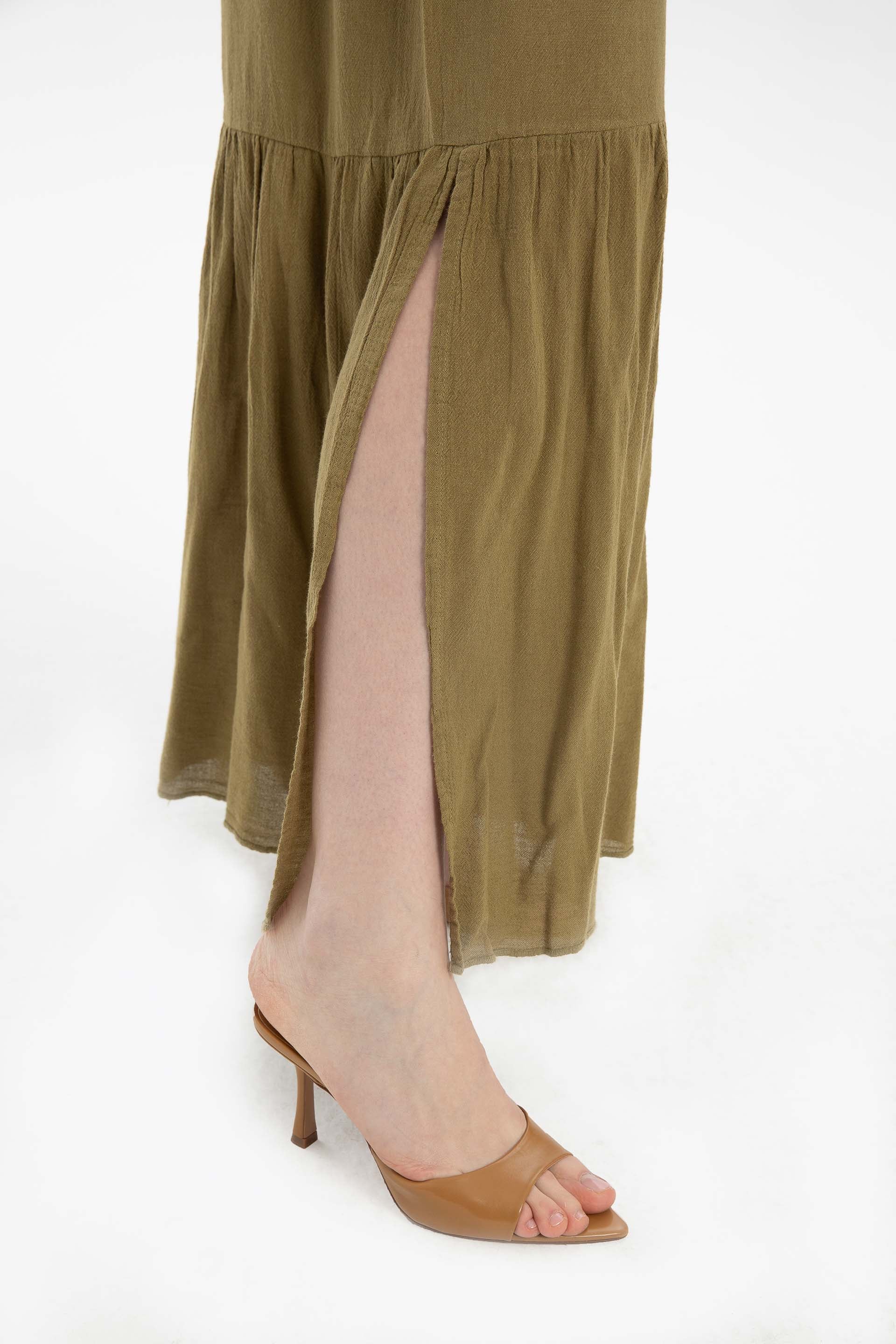 Keten Karışımlı Paçası Yırtmaçlı Pantolon #Renk_Haki