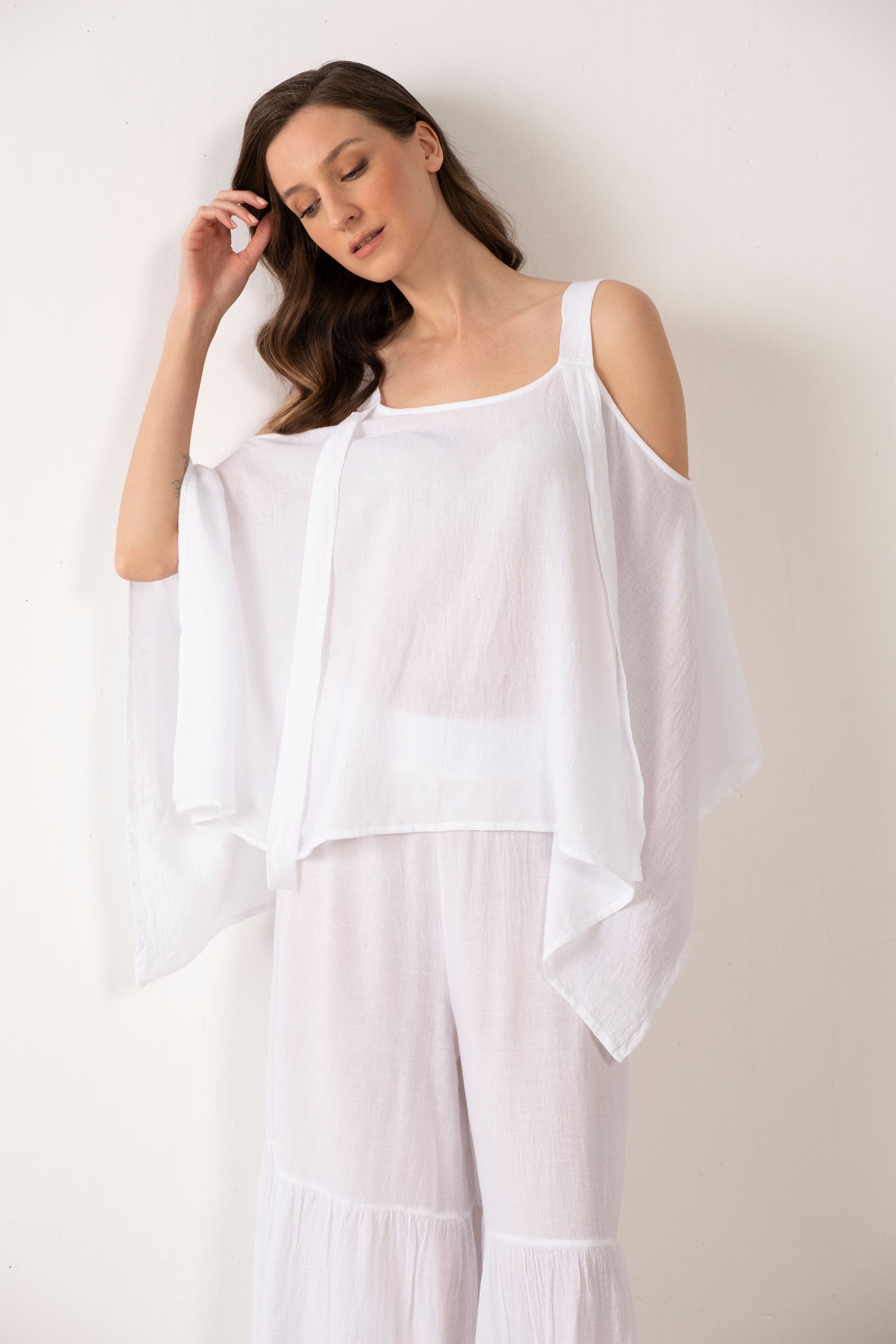 Keten Karışımlı Kalın Askılı Salaş Bluz #Renk_ Beyaz