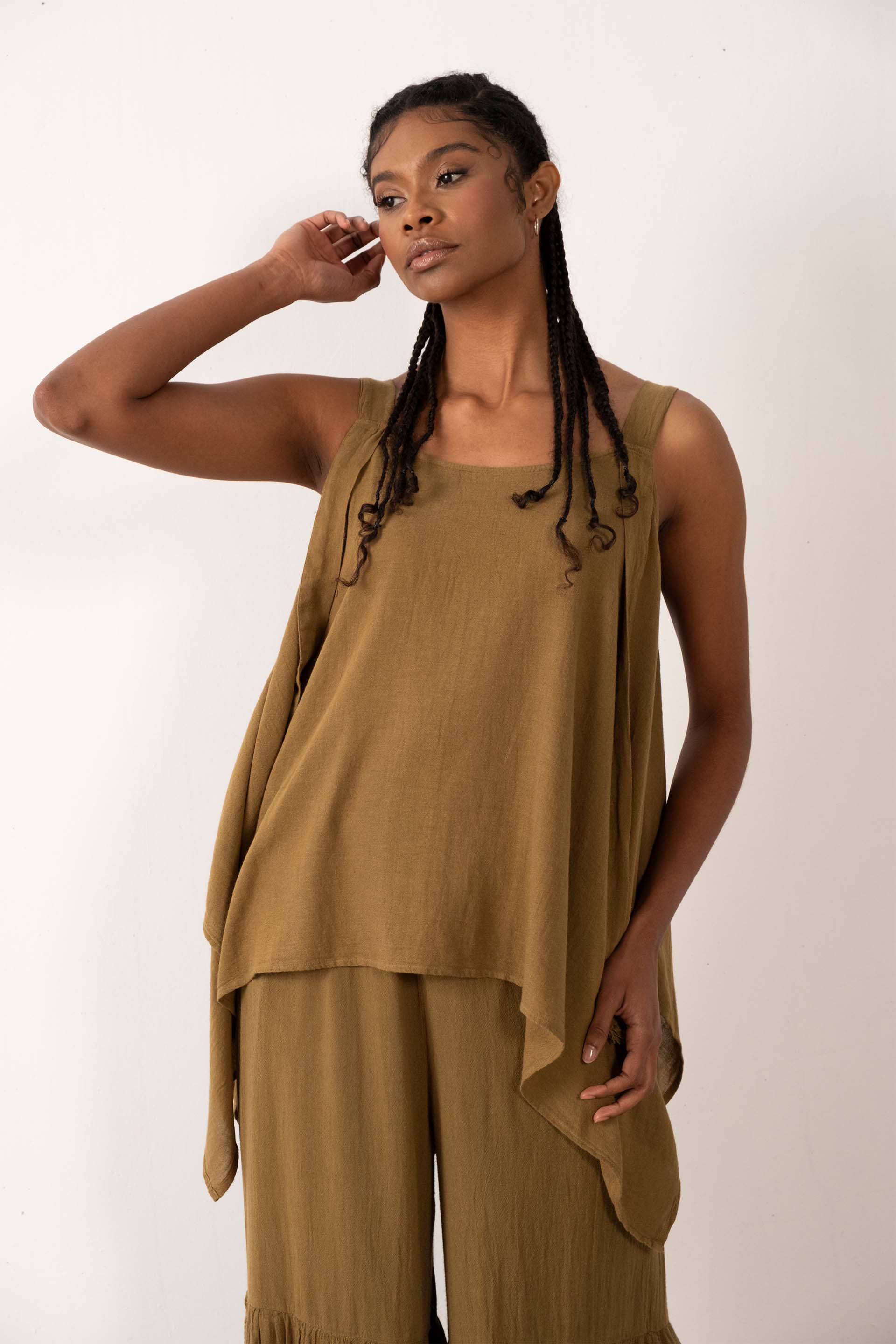 Keten Karışımlı Kalın Askılı Salaş Bluz #Renk_ Haki